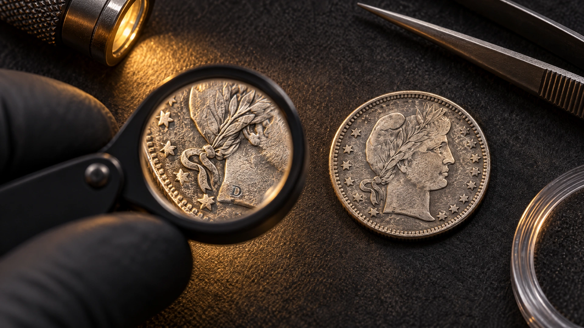 Barber quarter being examined with a loupe for authenticity and mintmark details