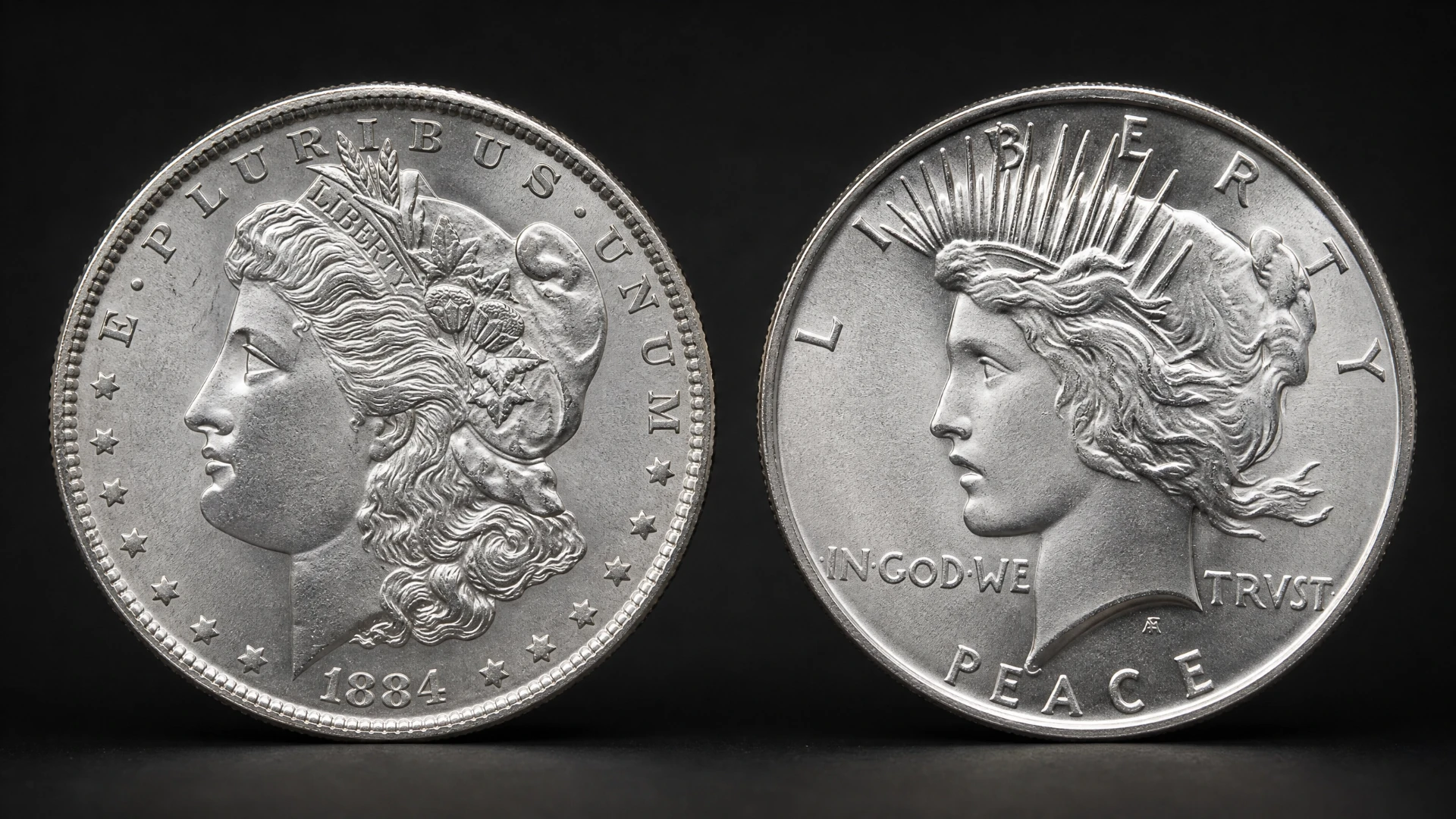 Side-by-side comparison of a Morgan silver dollar and a Peace silver dollar, both in brilliant uncirculated condition on a dark background