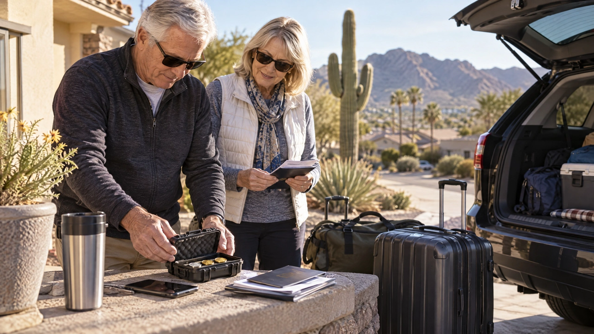 Travelers prepare luggage, documents and a small coin case for a drive north from Arizona.