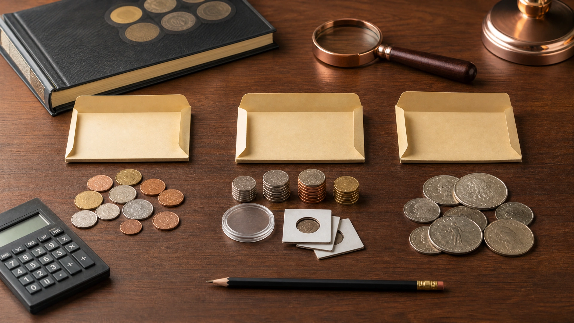 Three organized groups of coins and supplies representing different collecting budget priorities