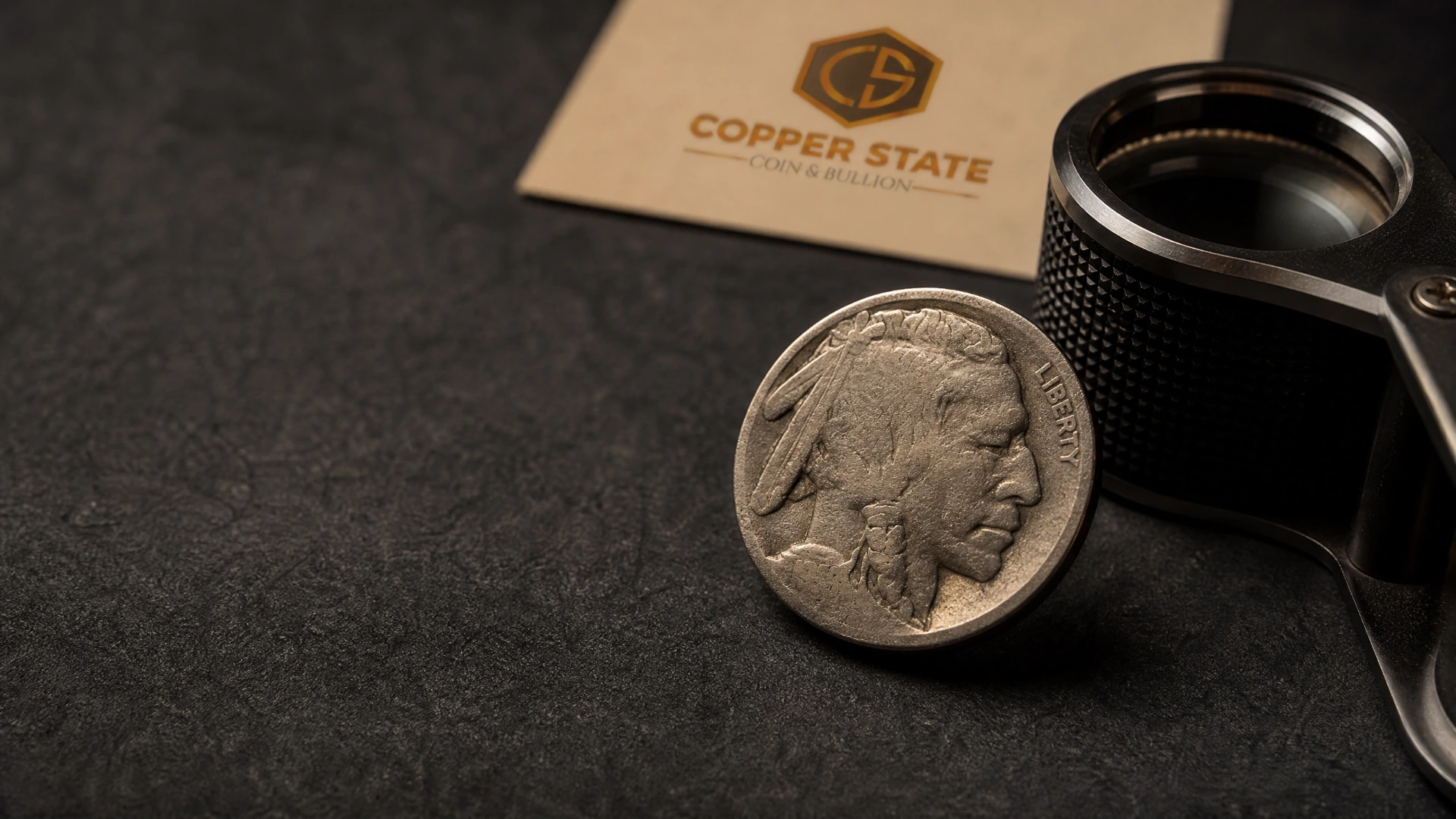 Worn Buffalo nickel on a coin dealer’s work mat beside a jeweler’s loupe under warm raking light