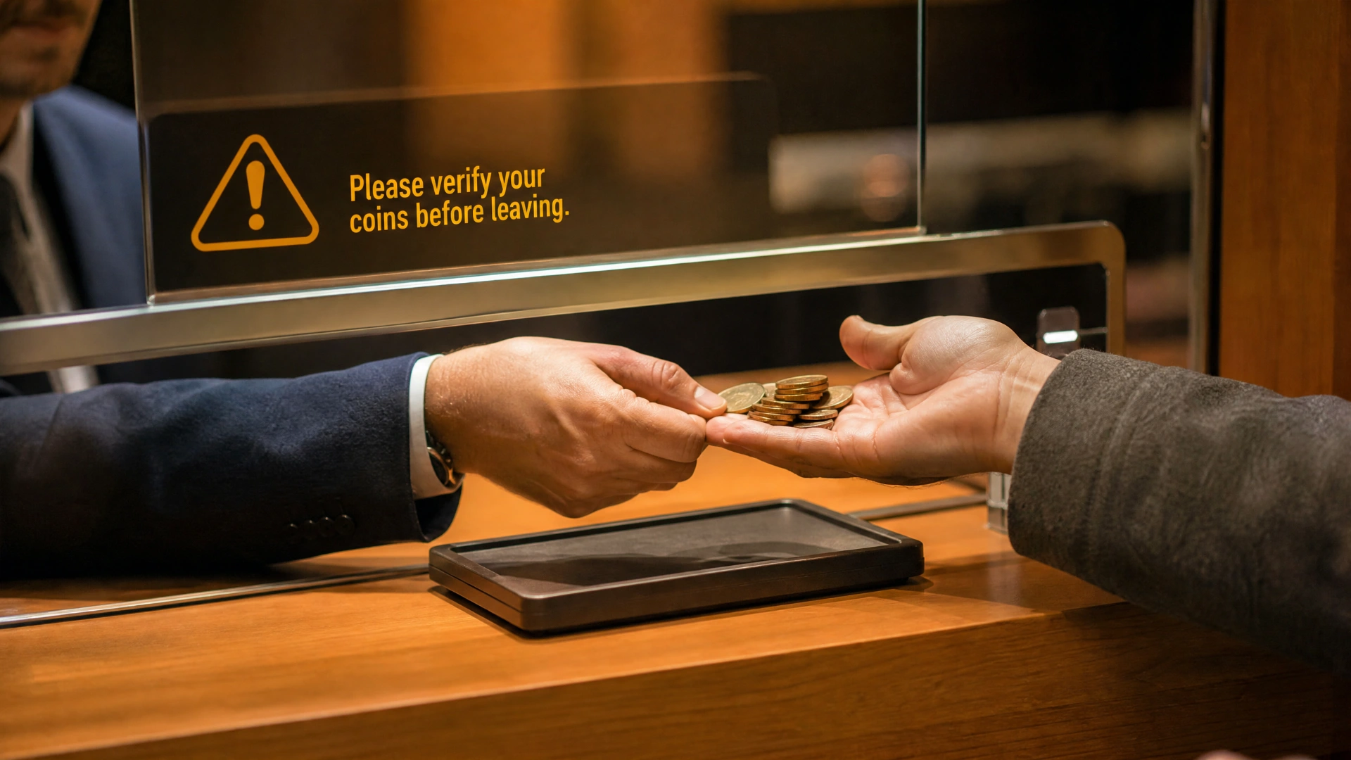 Caution indicator at a coin transaction counter reminding to verify coins