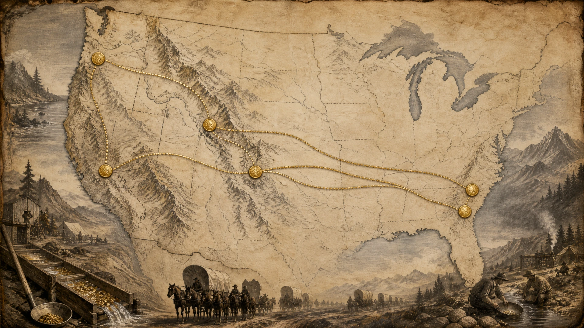 A vintage map of the United States with gold routes and coin markers linking western mining regions to eastern gold fields