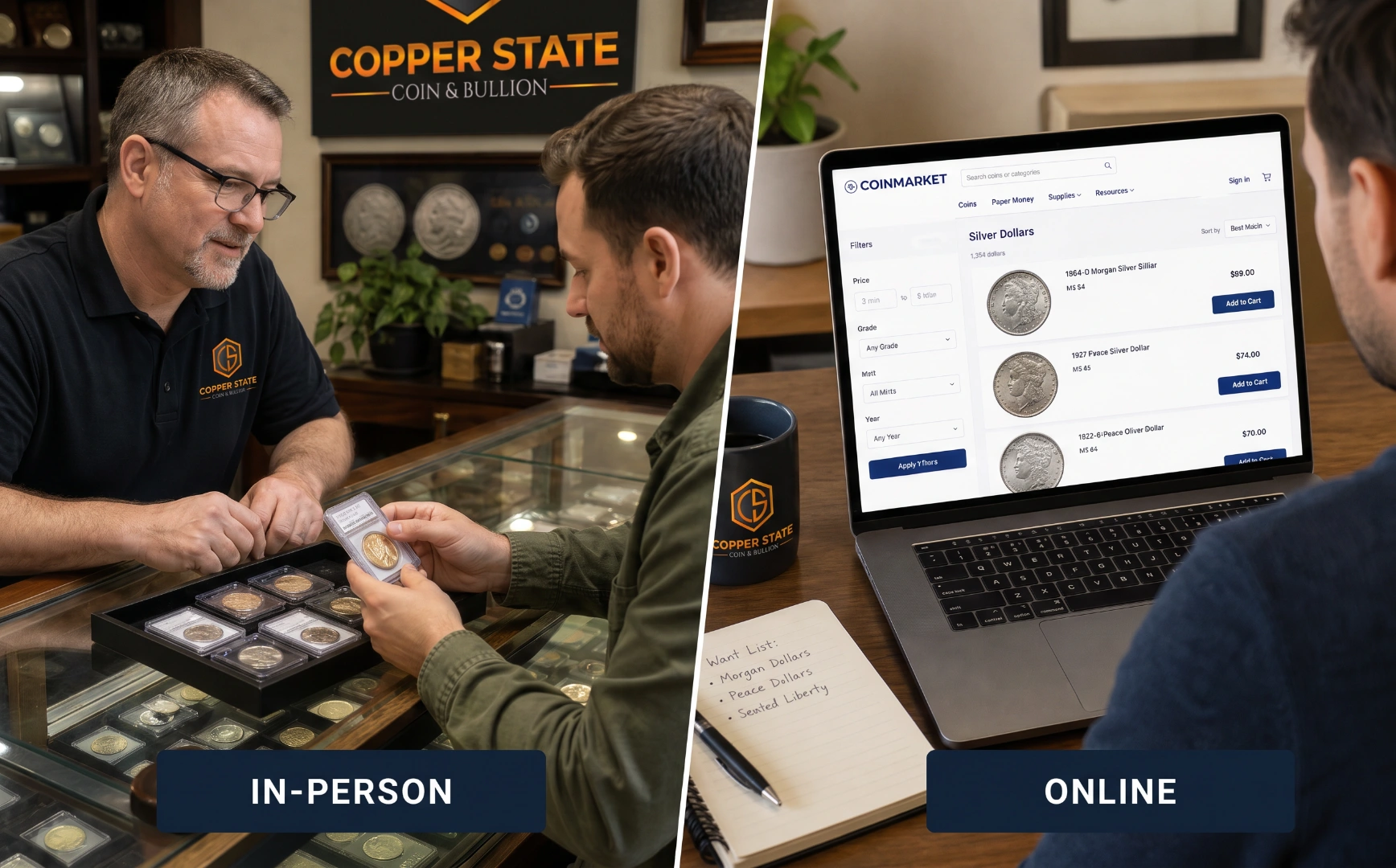 Side-by-side comparison of in-person coin shop and online coin marketplace