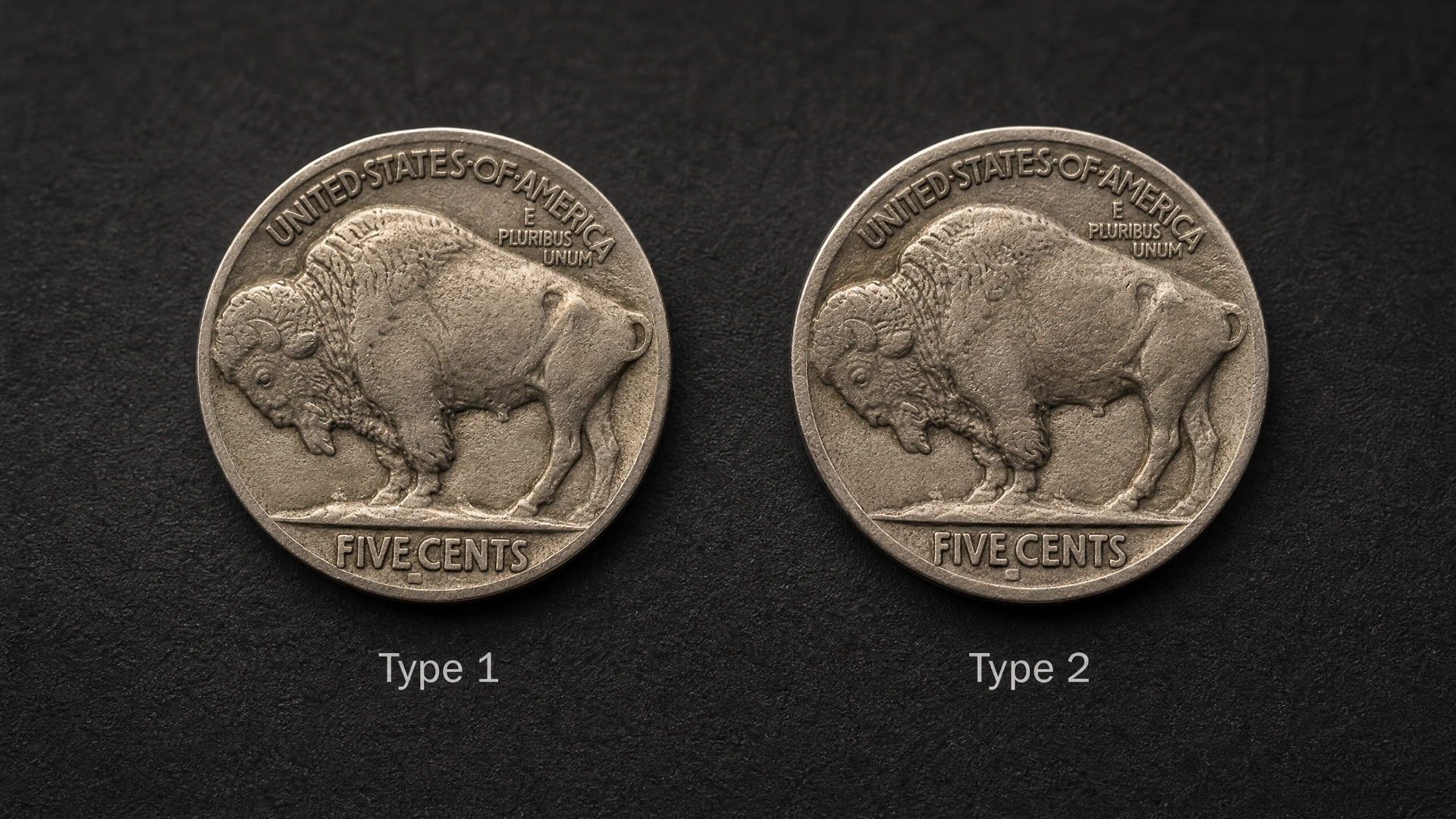 Side-by-side comparison of Type 1 and Type 2 Buffalo nickel reverses