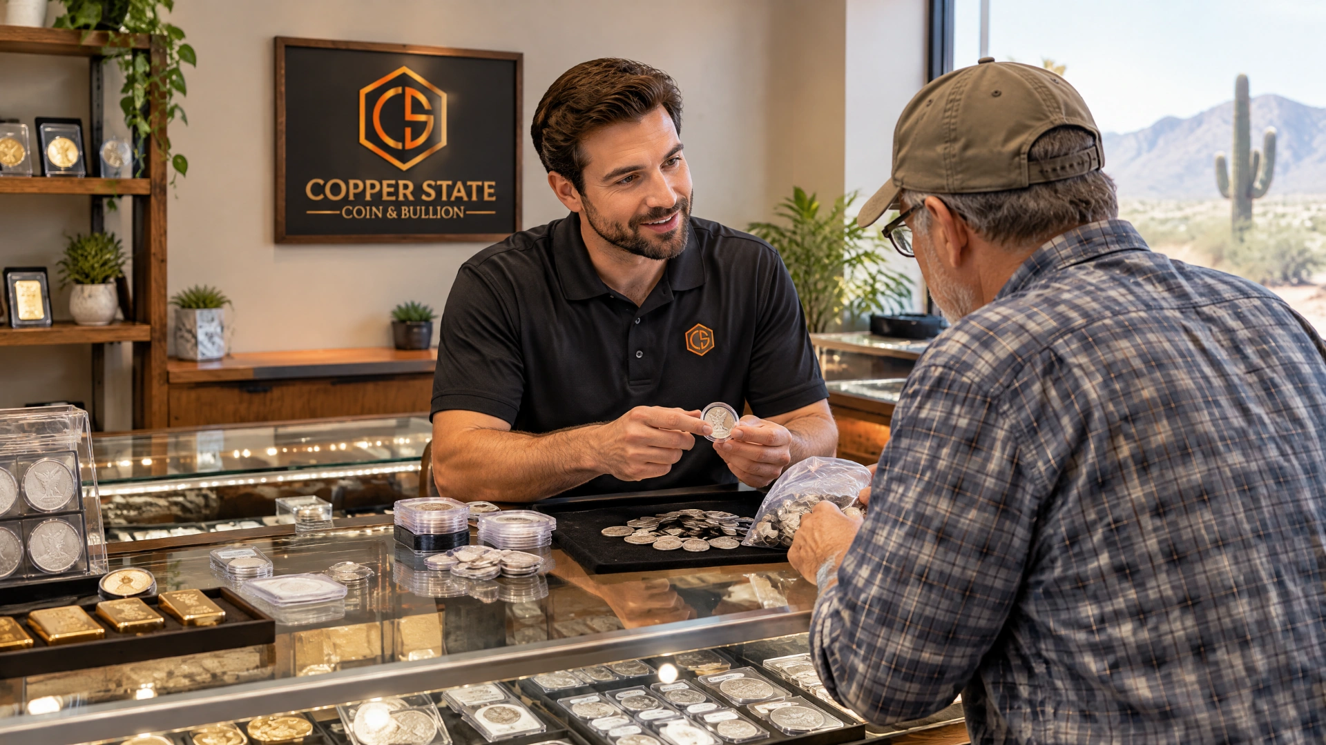 Collector reviewing a bulk coin lot with a staff member across a Copper State Coin and Bullion counter