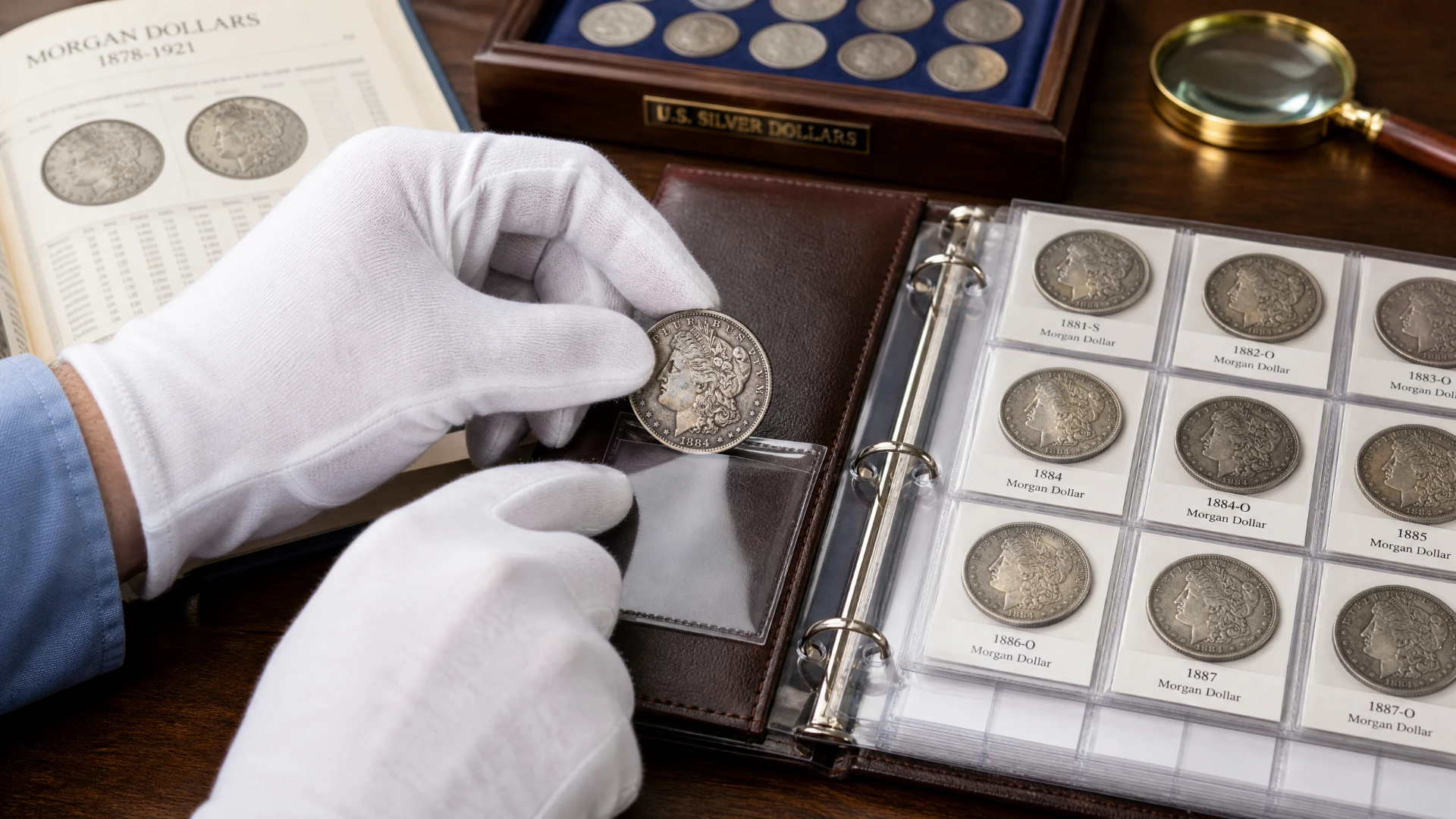 A numismatist carefully placing a coin into an archival storage album page.