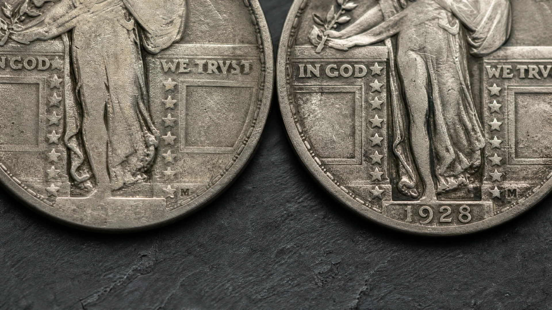 Close comparison of an earlier worn Standing Liberty quarter pedestal and a later recessed-date quarter