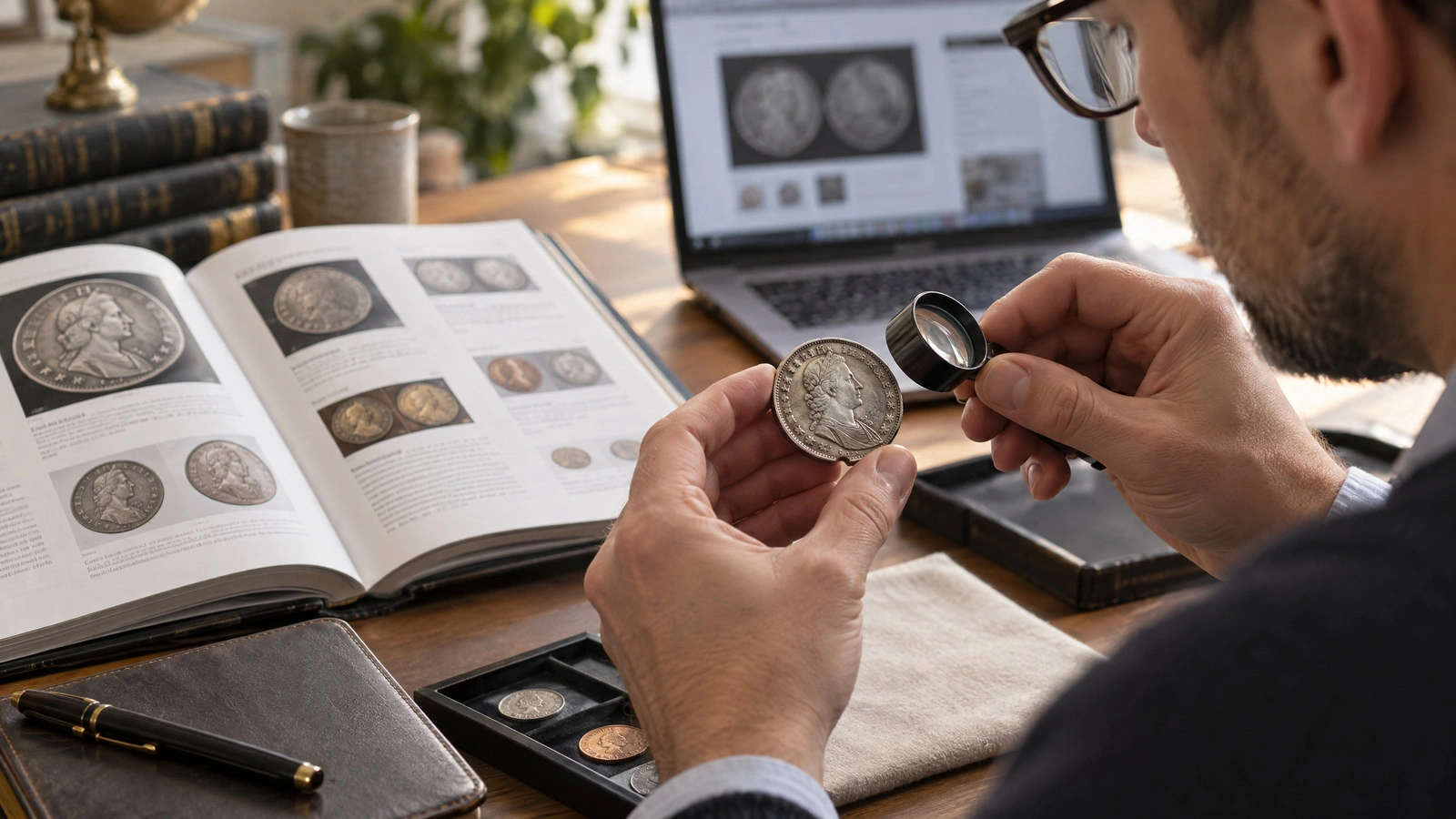 A collector compares a coin with auction-catalogue and online research.