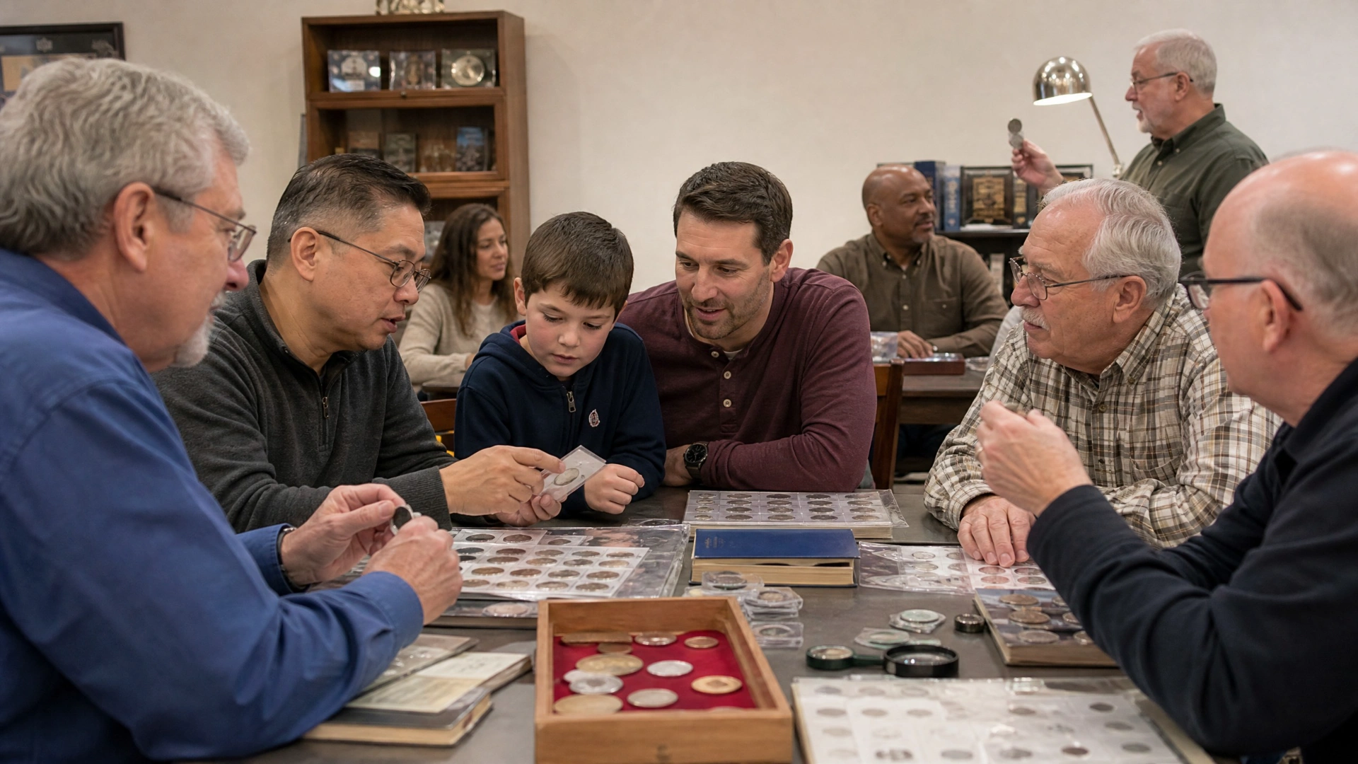 A welcoming coin-club meeting where an adult and child examine coins with experienced collectors