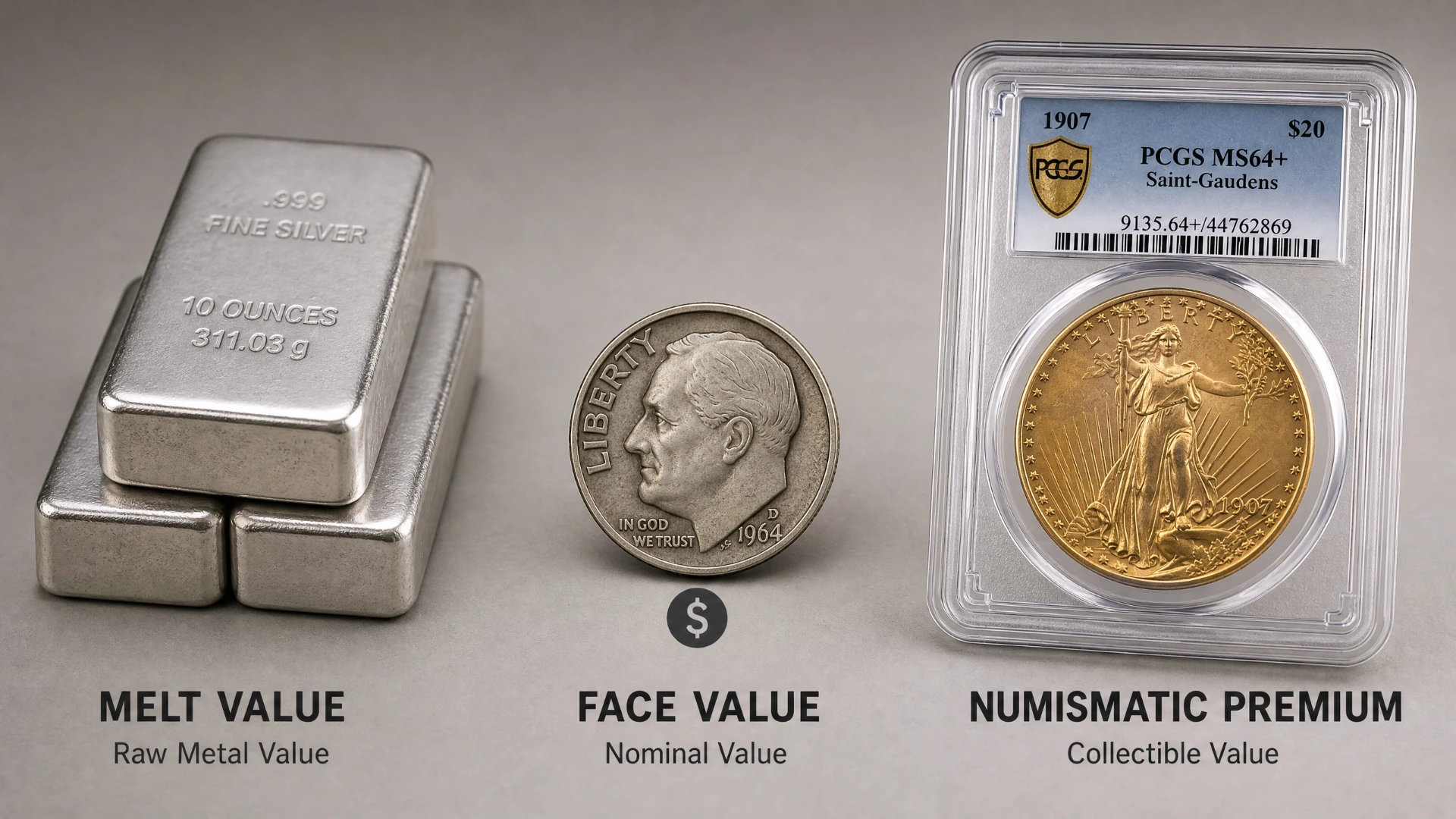 Three value types illustrated: bullion bars for melt value, a circulated dime for face value, and a PCGS graded coin slab for numismatic premium