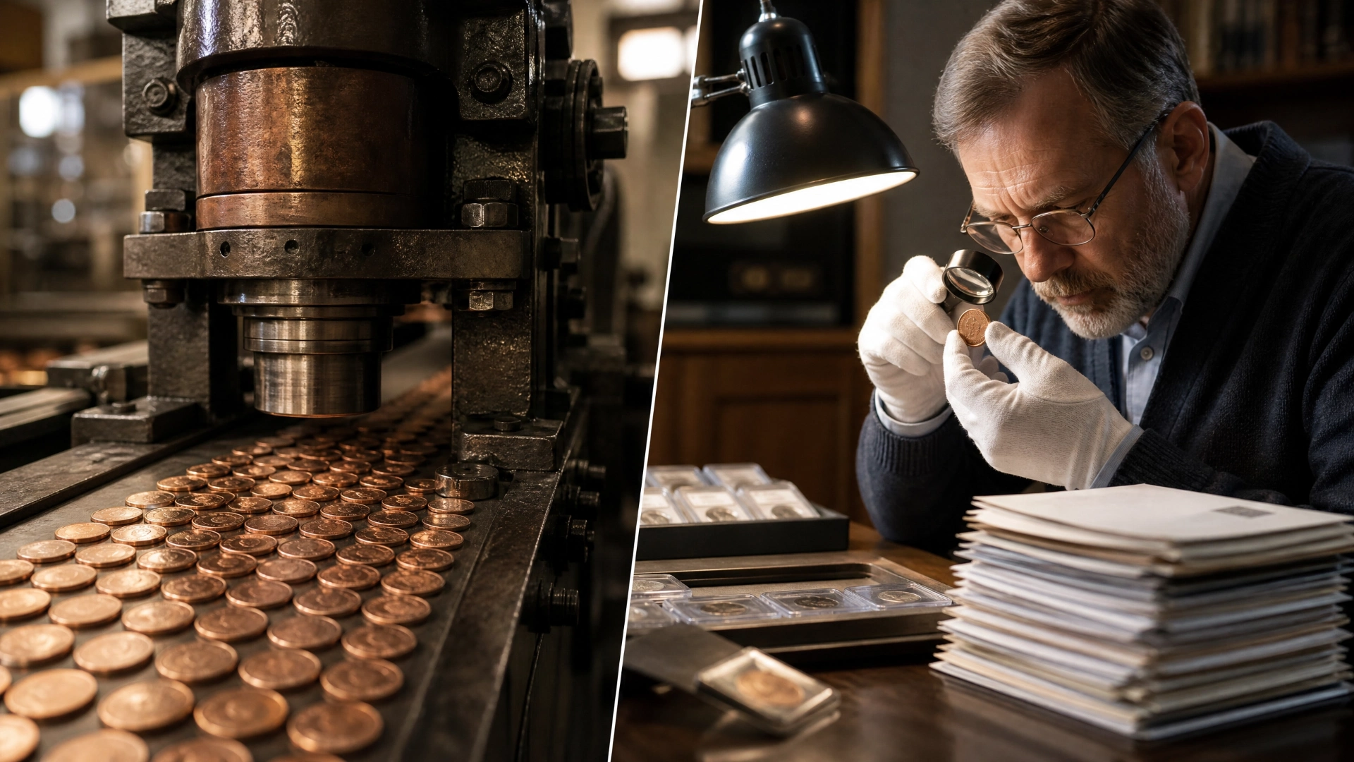 Split scene contrasting a mint press producing coins with a specialist examining an individual coin under a lamp