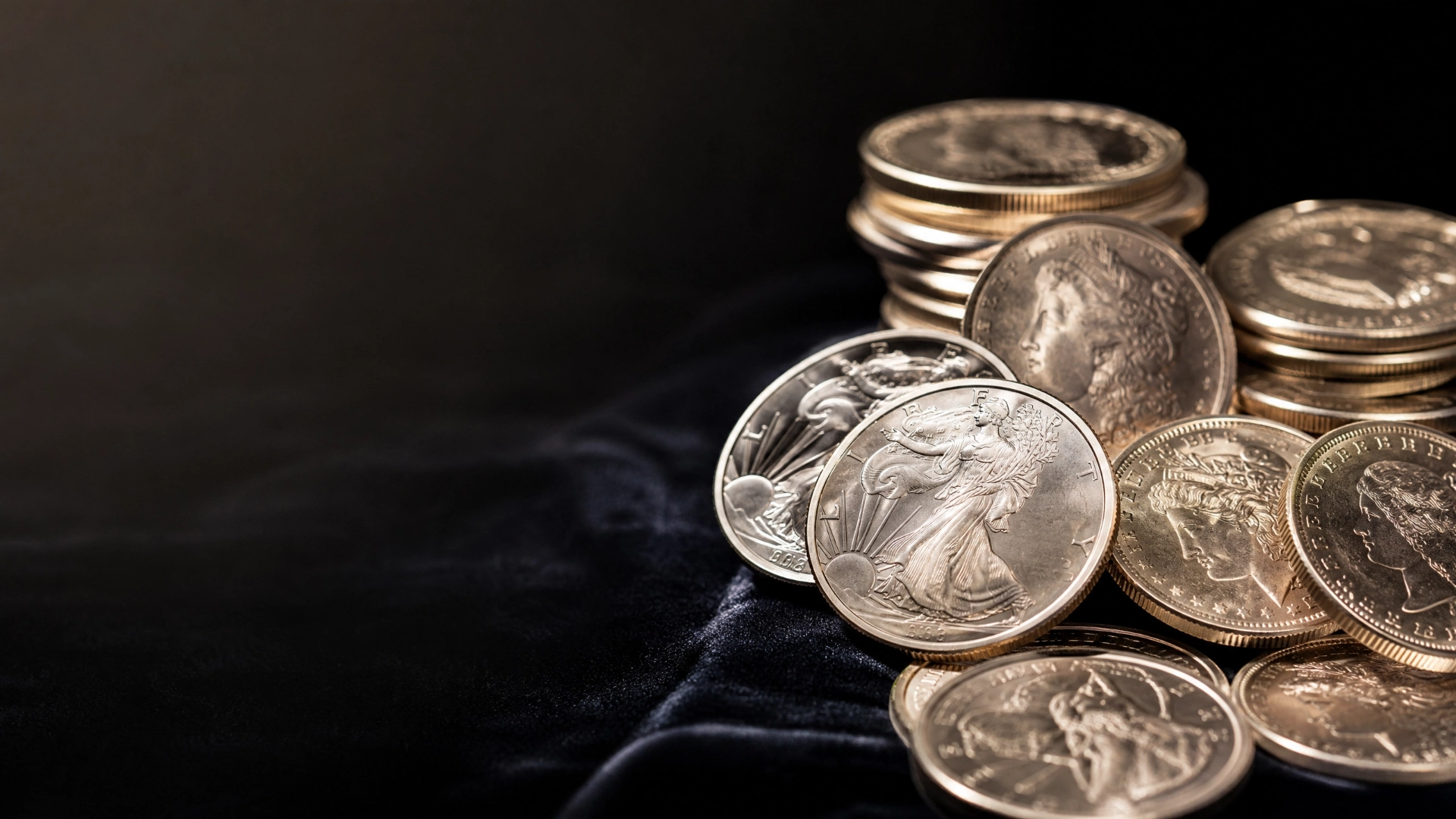 High-end display of silver coins including Silver Eagles and Morgan Dollars
