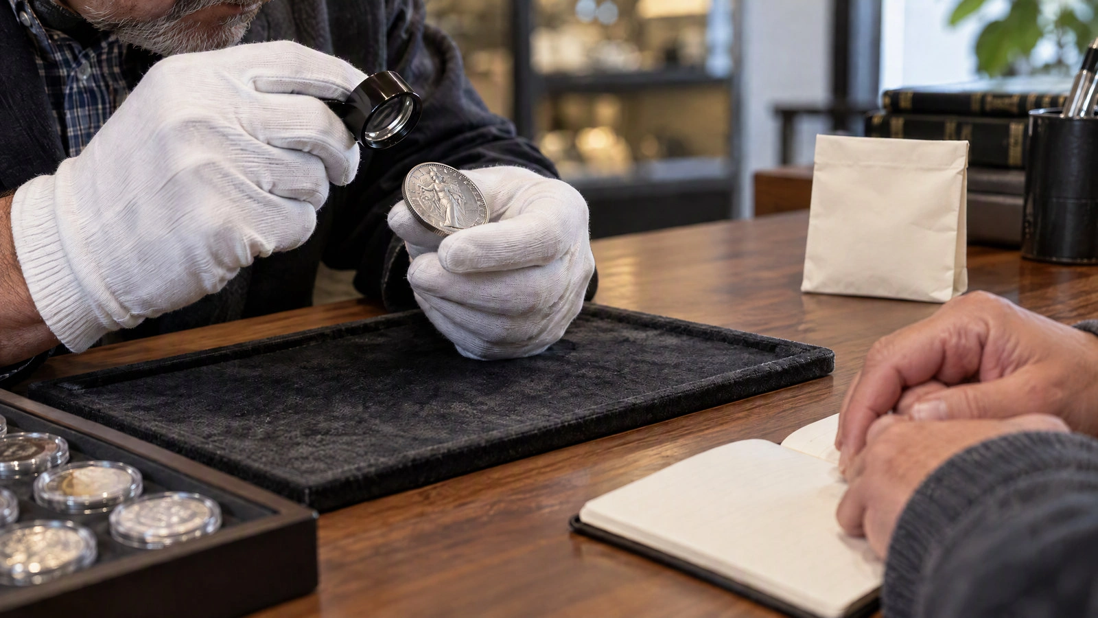 A customer and coin dealer examine a coin together during an appraisal.