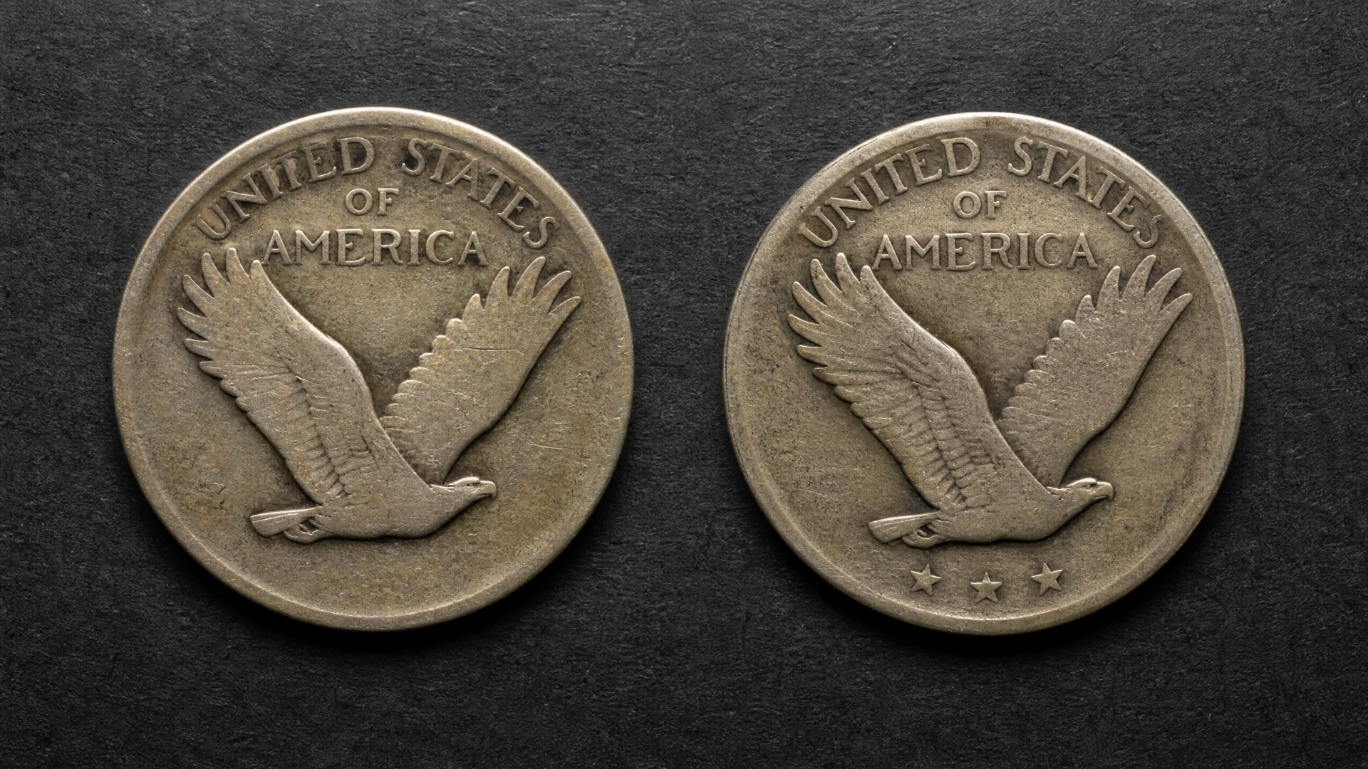 Two worn Standing Liberty quarter reverses compared side by side: Type 1 without stars beneath the eagle and Type 2 with three stars