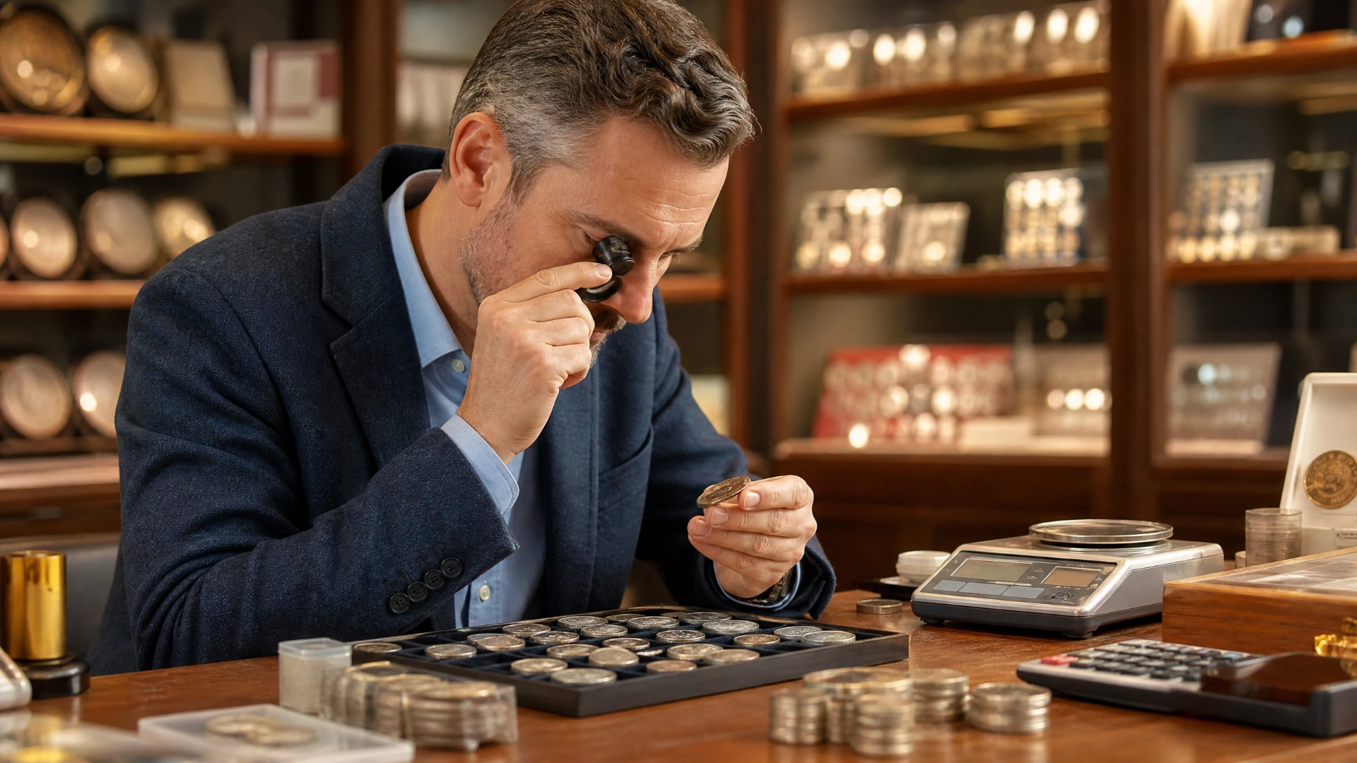 Professional coin dealer examining vintage coins with a jeweler's loupe at a well-lit counter with a precision scale
