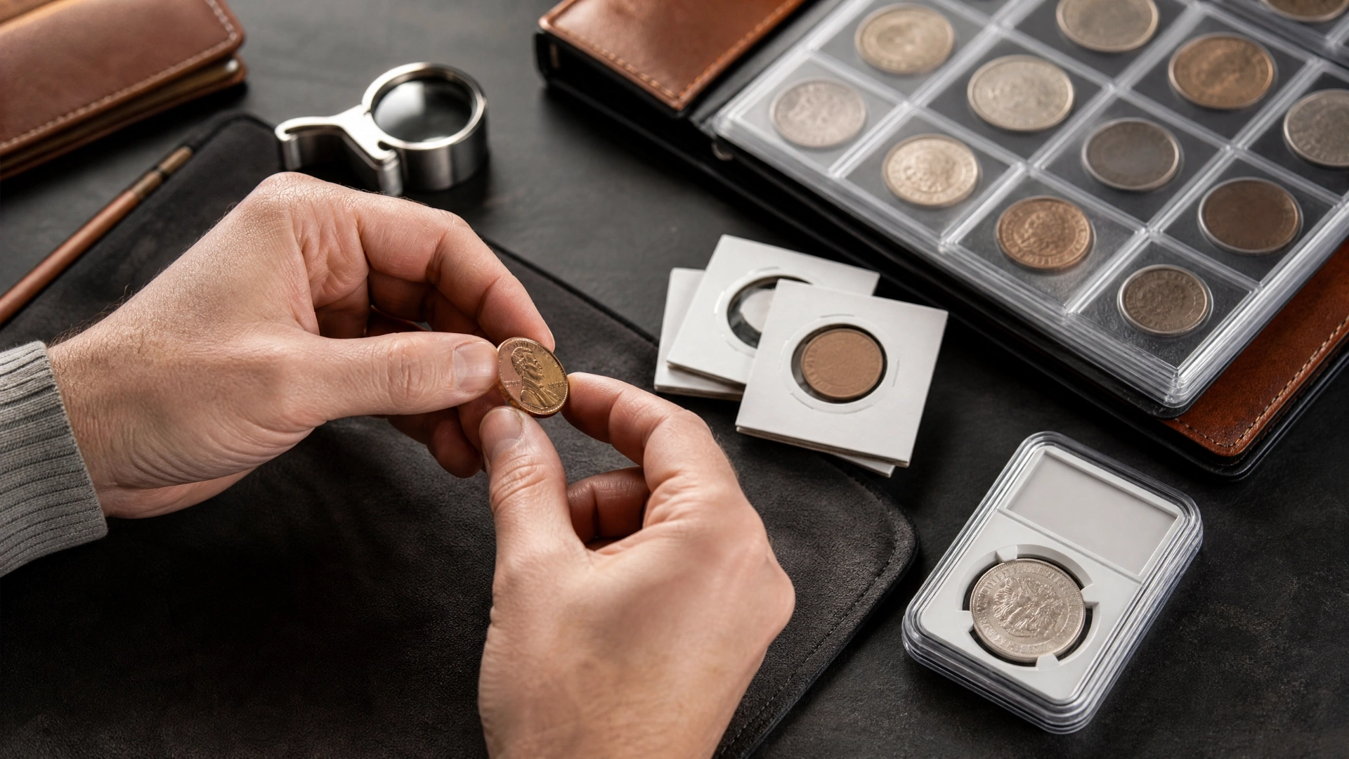 A collector carefully holding a coin by its edge near a loupe, archival flips, and a certified holder