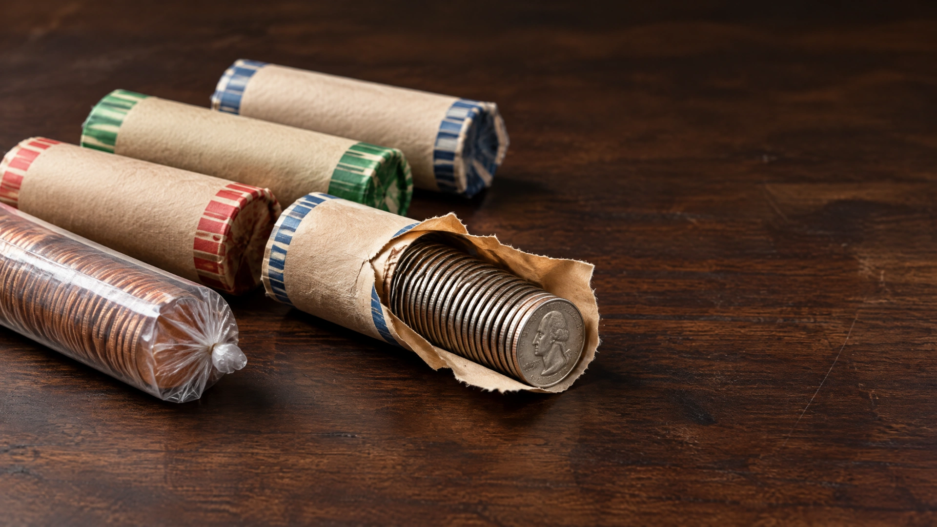 Several U.S. coin rolls on a wooden workbench, including an opened roll showing a stack of circulated coins