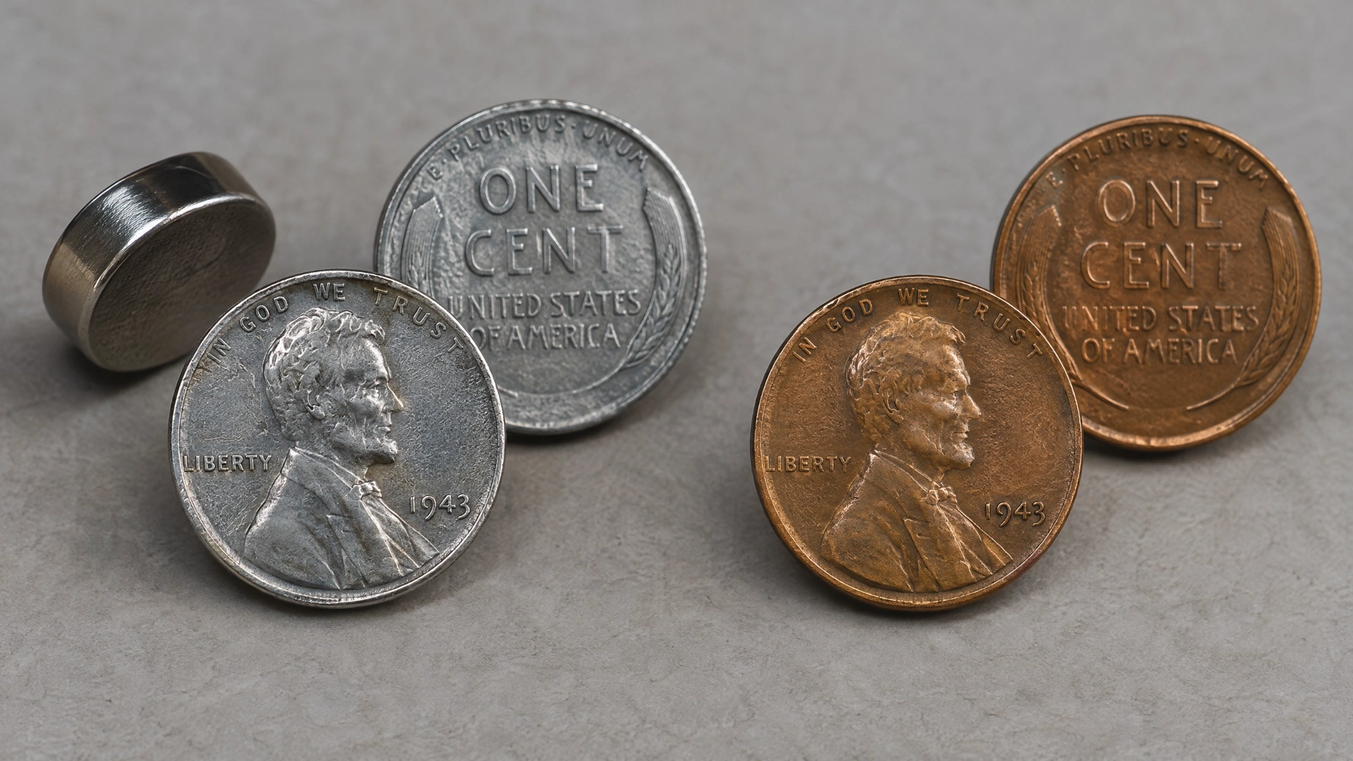 A steel-gray 1943 Lincoln cent beside a copper-bronze cent, illustrating the difference in metal