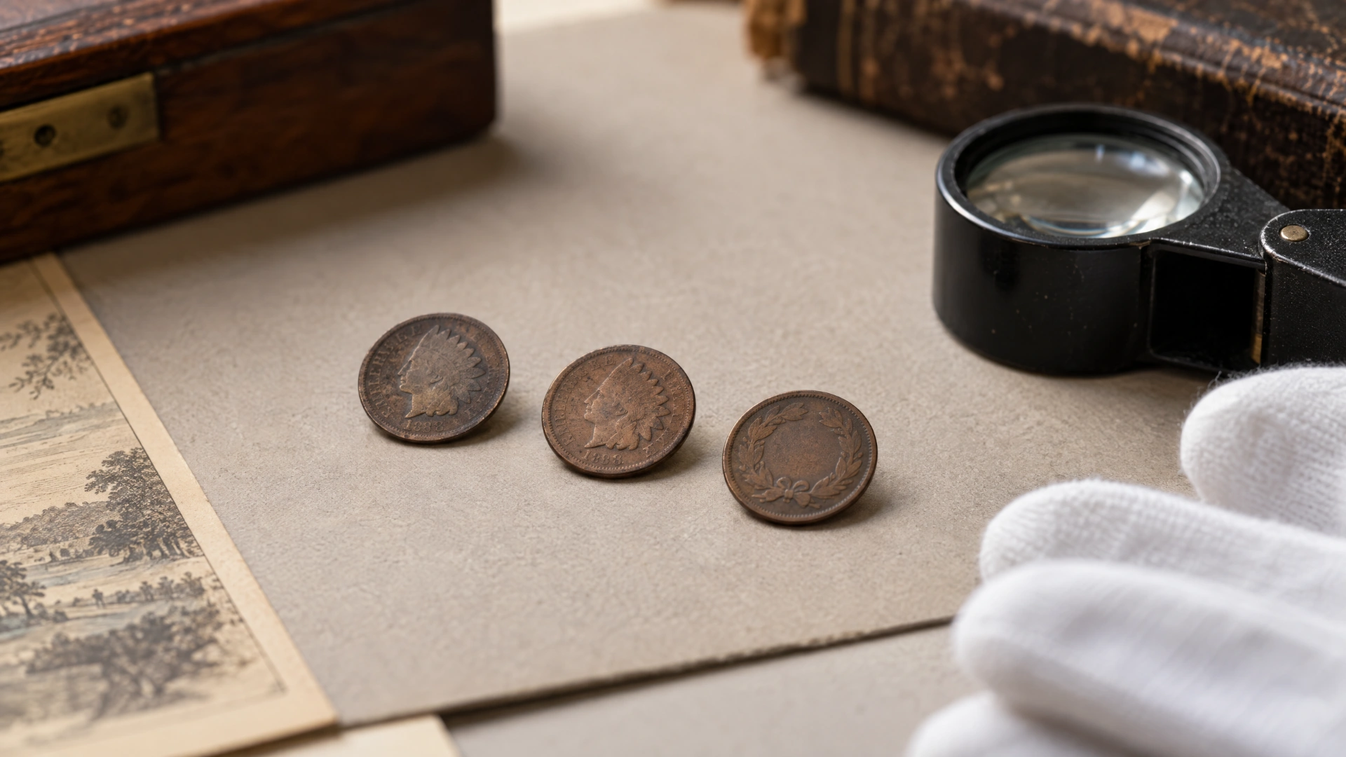 Three Indian Head cent types: the 1859 wreath reverse, the shield reverse, and the later bronze issue.