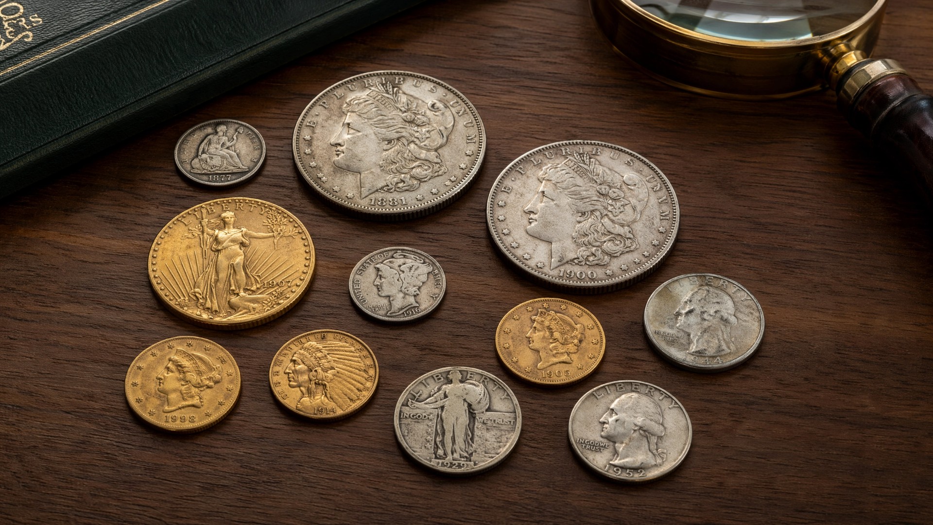 A diverse collection of US coins on a wooden desk