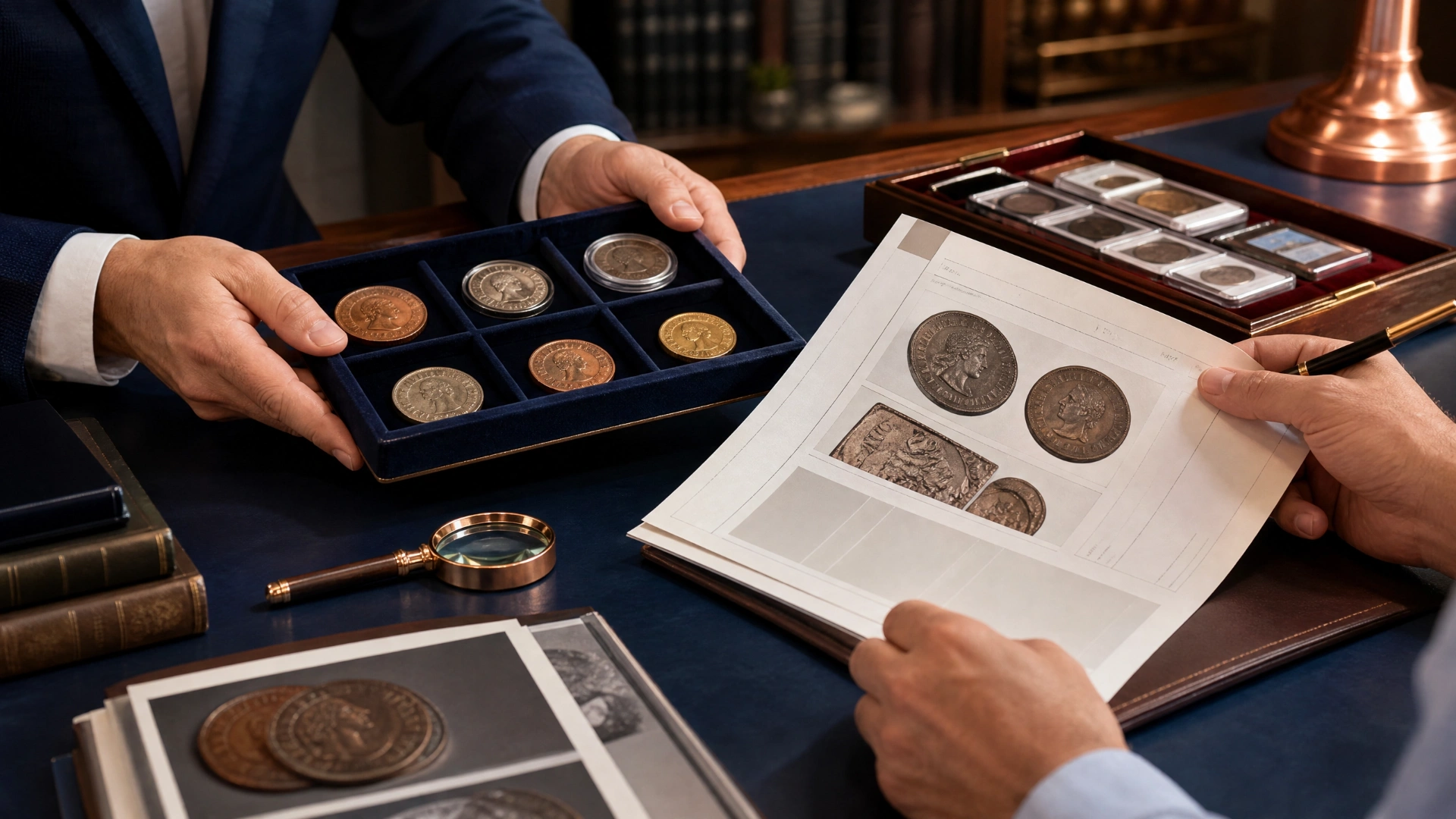 Professional numismatic consultation with a coin tray, report and photographs