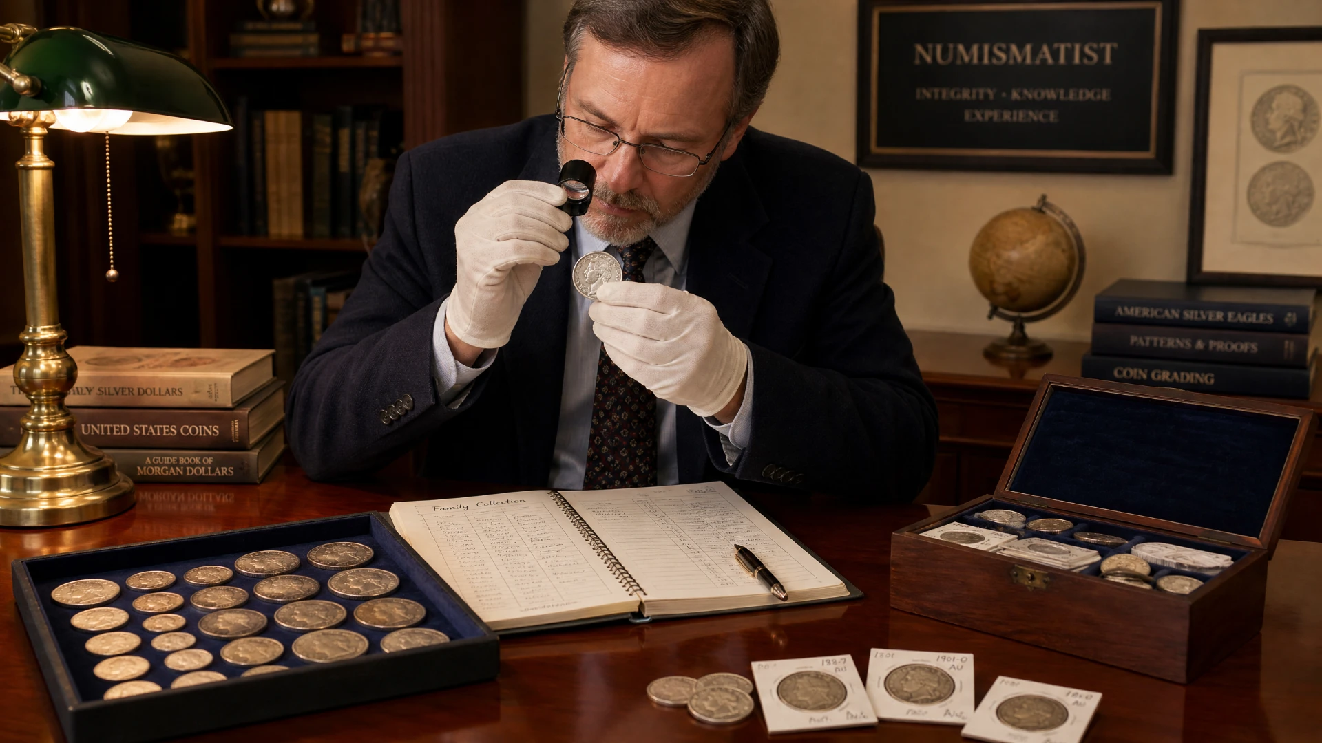 A numismatist conducting an evaluation and appraisal of an estate silver coin collection.