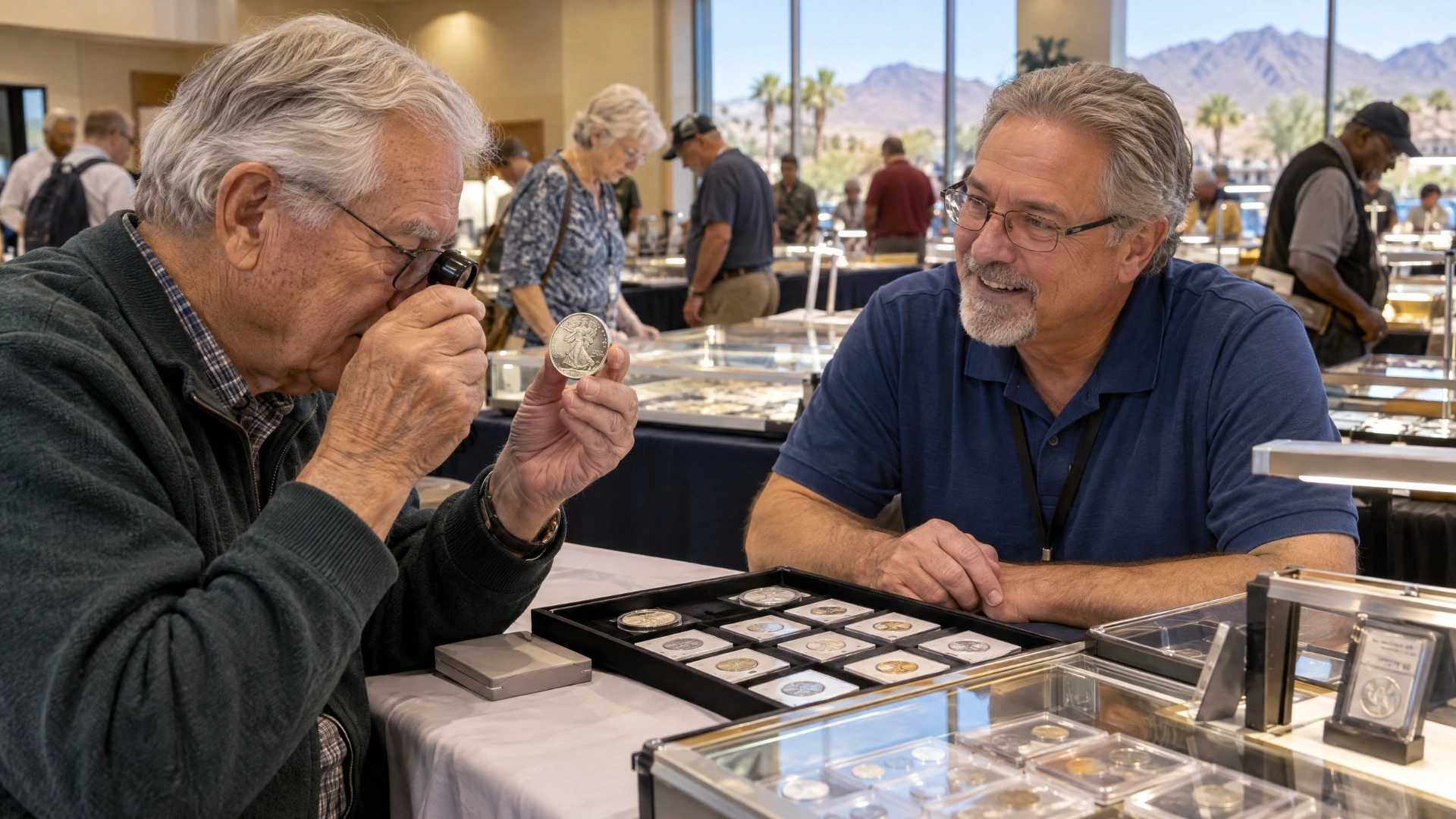A collector examines a coin with a loupe at a regional coin show.