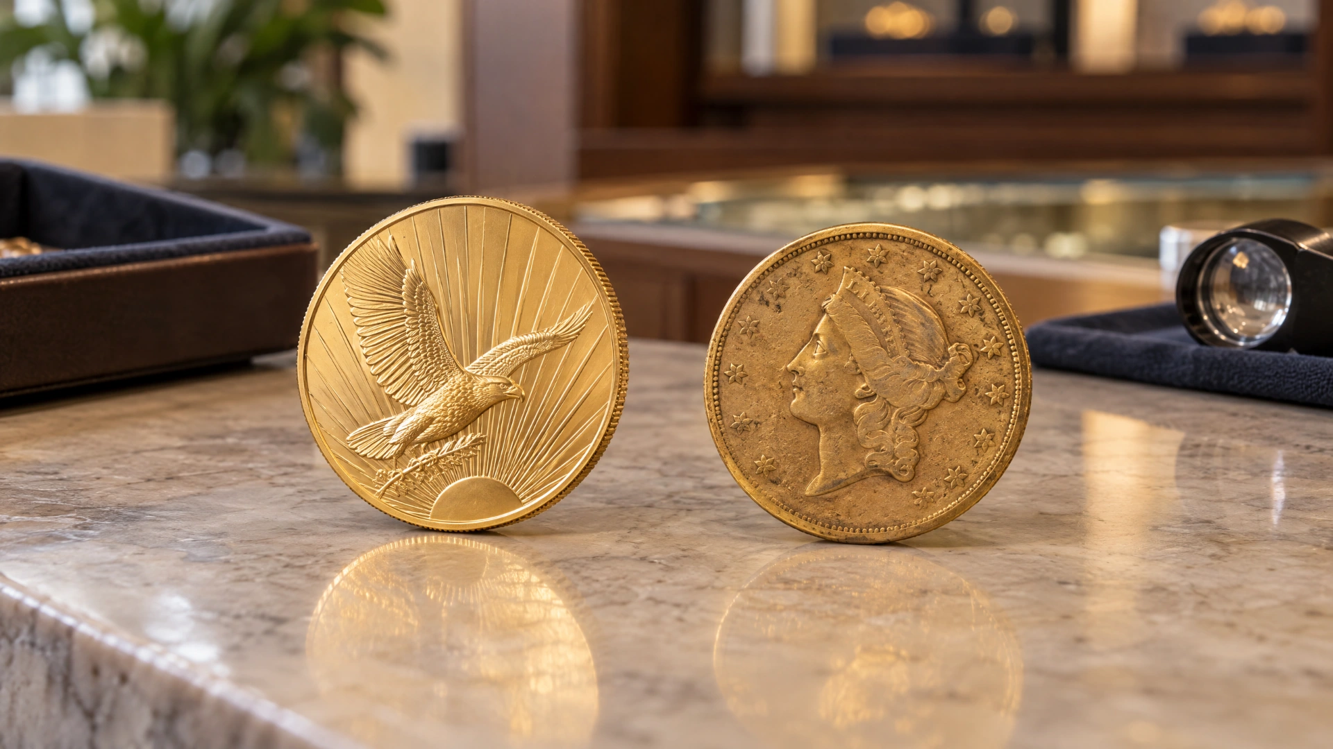 A modern-style gold bullion coin beside an older collectible gold coin