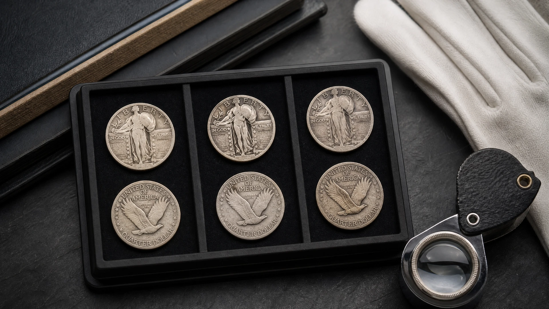 A three-coin Standing Liberty quarter type set in a black collector tray with a loupe