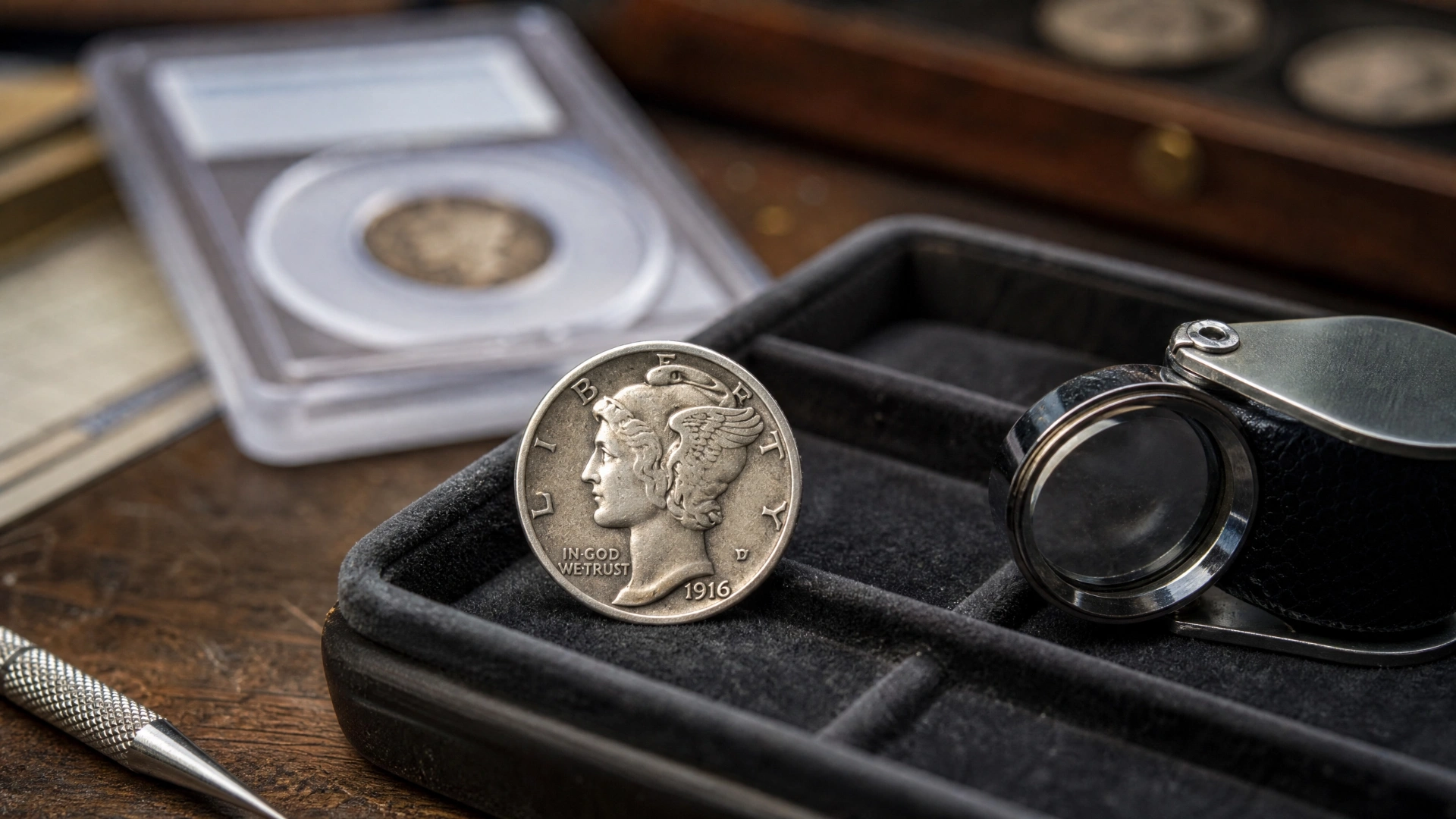 A 1916-D Mercury dime examined with a jeweler's loupe