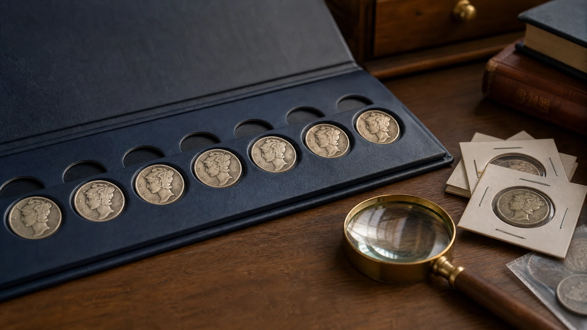 Mercury dimes arranged in a collector's album with a magnifying glass