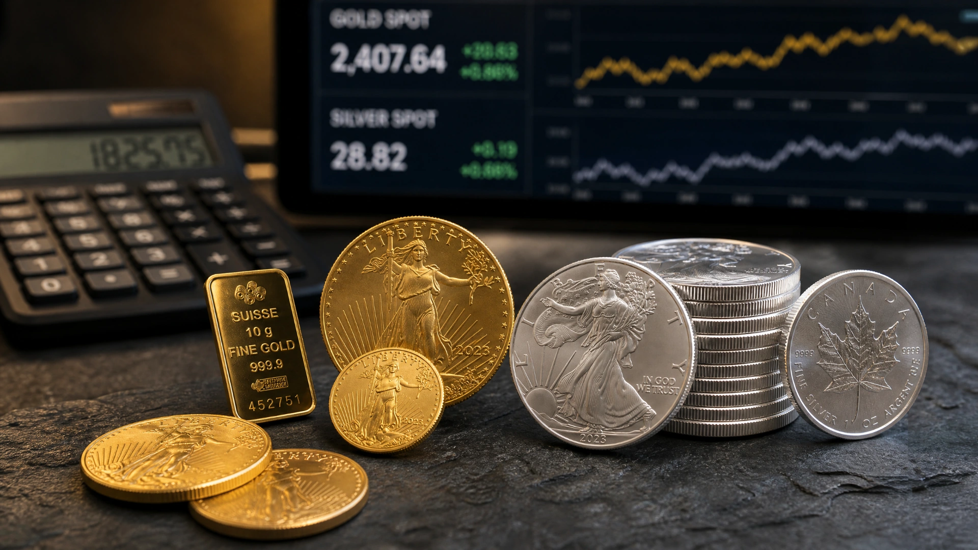 Gold and silver bullion with spot price display and calculator