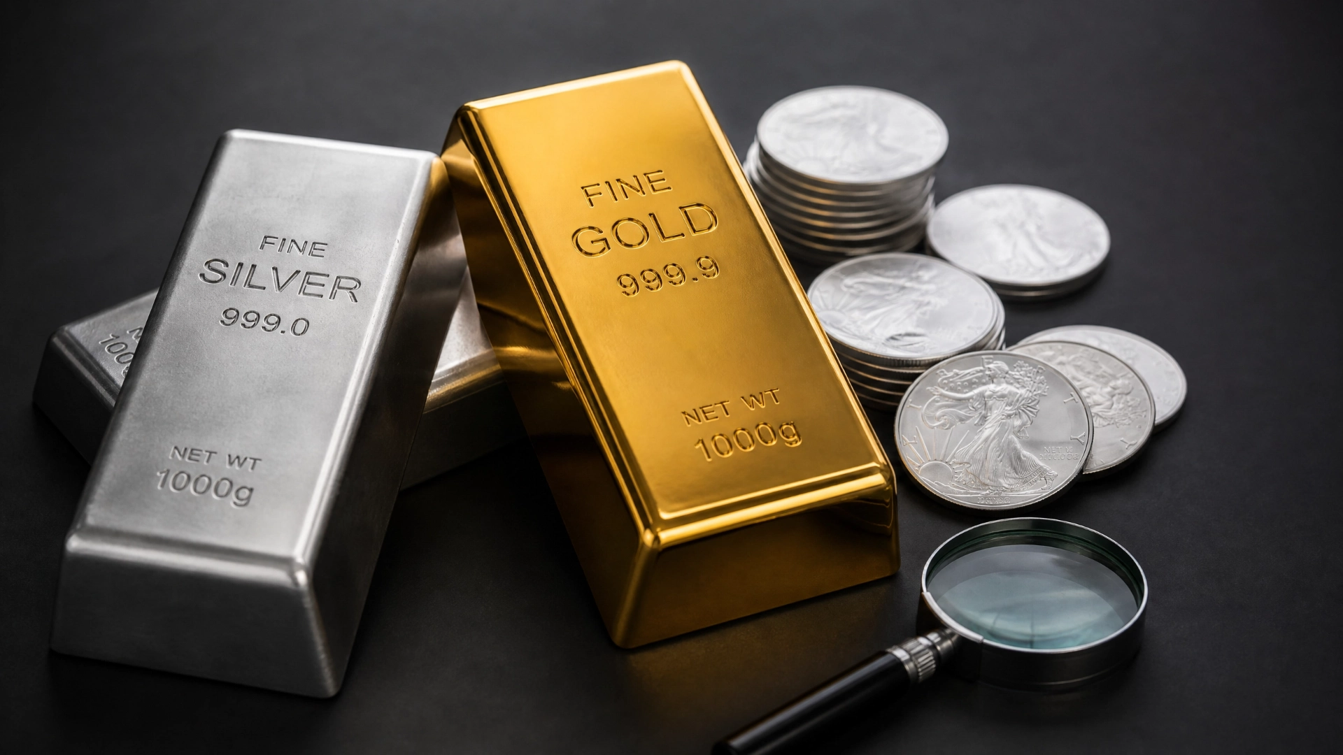 Gold and silver bullion bars alongside silver coins with a magnifying glass, illustrating metal content and intrinsic value