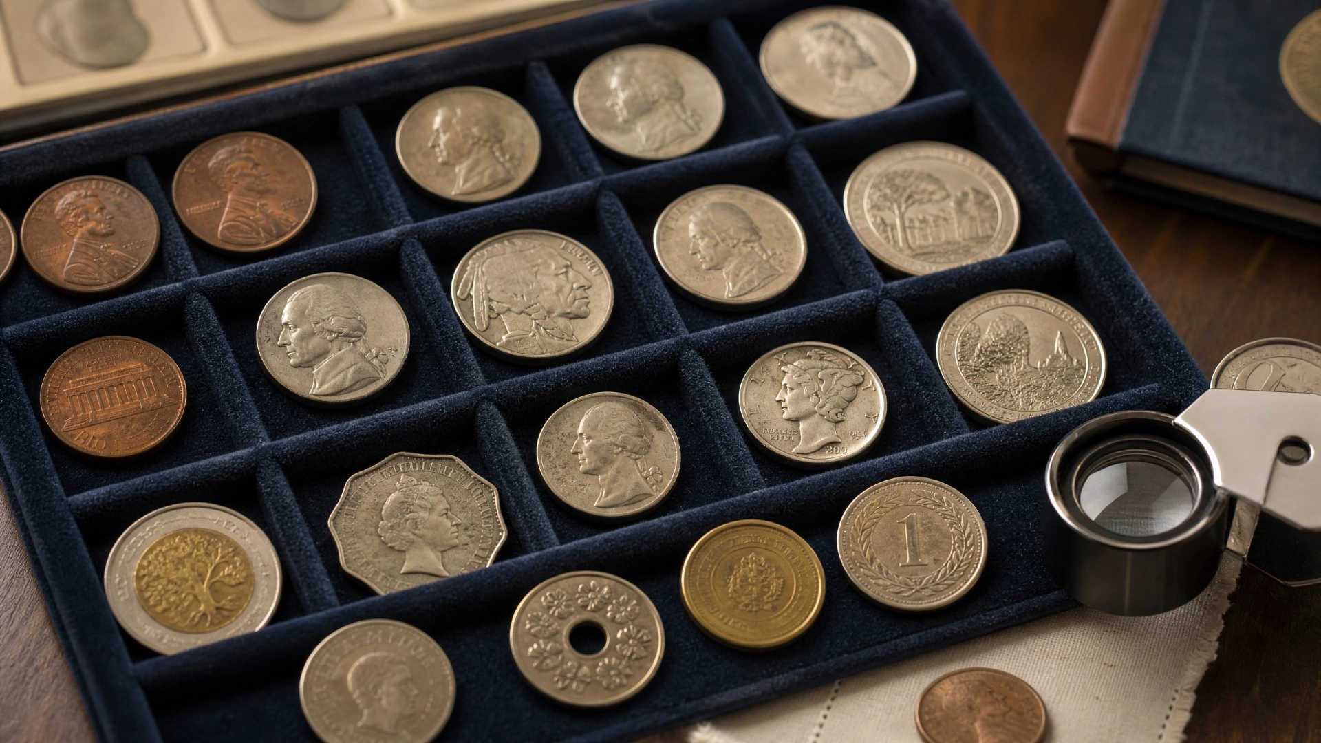 A varied assortment of beginner-friendly circulated coins in a collector tray