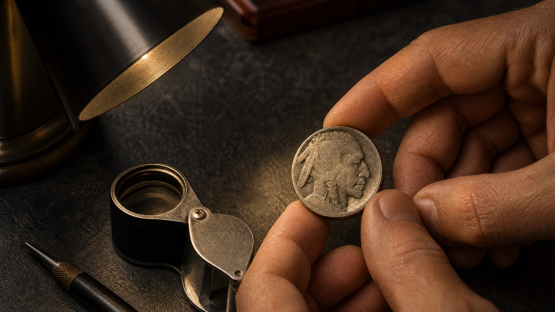Hands tilting a worn Buffalo nickel under a single low-angle lamp for non-invasive inspection
