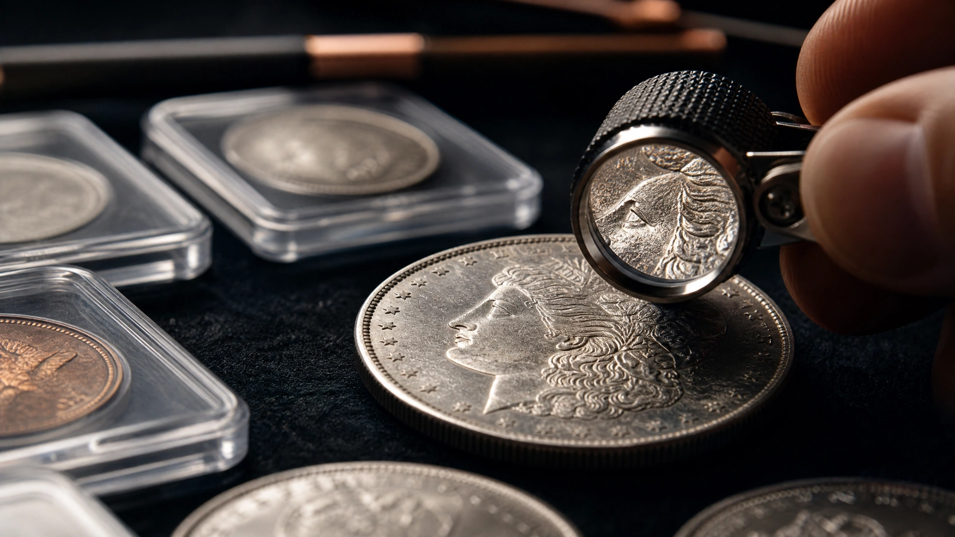 Loupe examining the surface of a silver coin beside protective holders