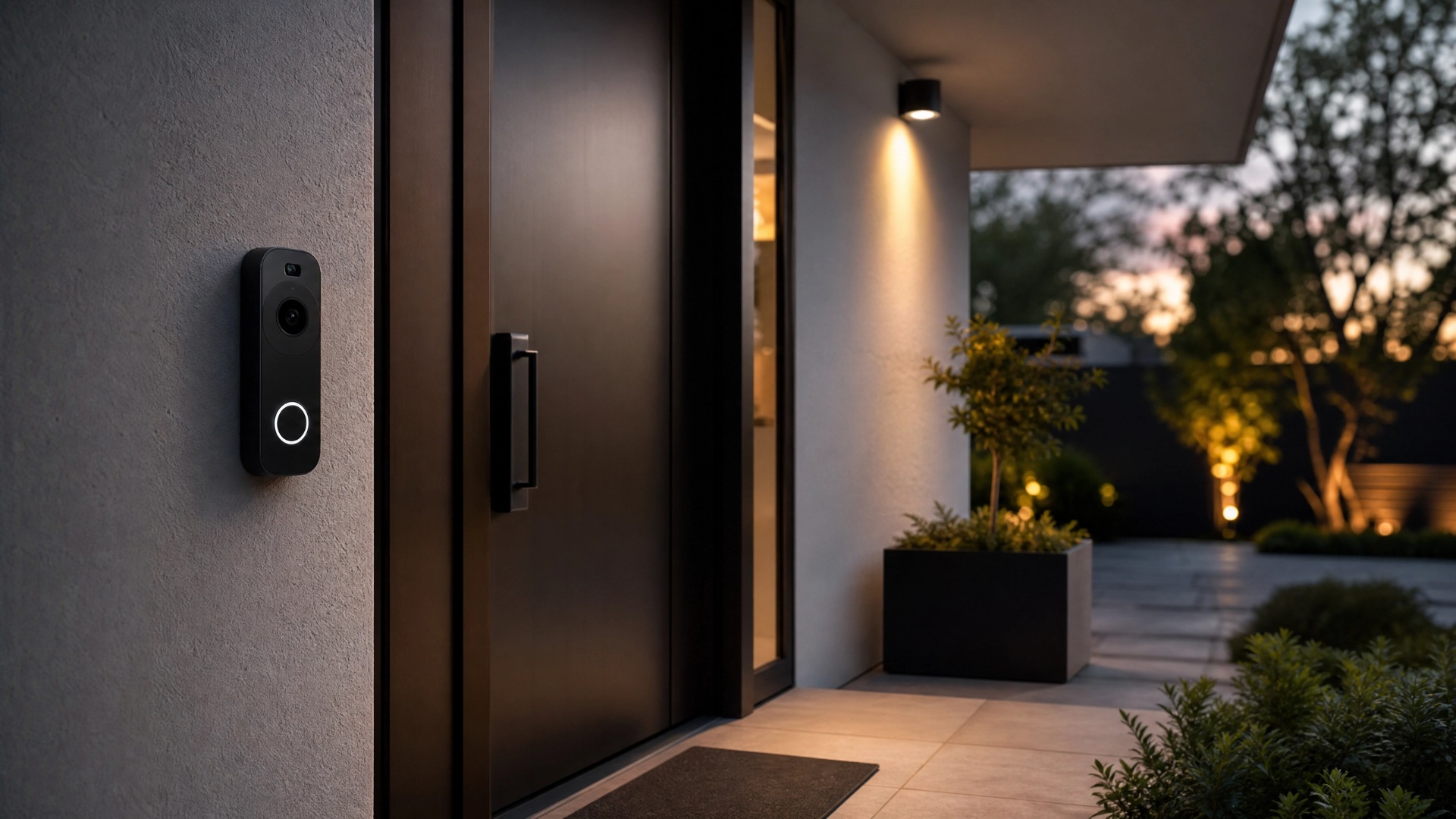  A smart doorbell installed on a home, illuminated at dusk, highlighting its modern design against the evening sky.