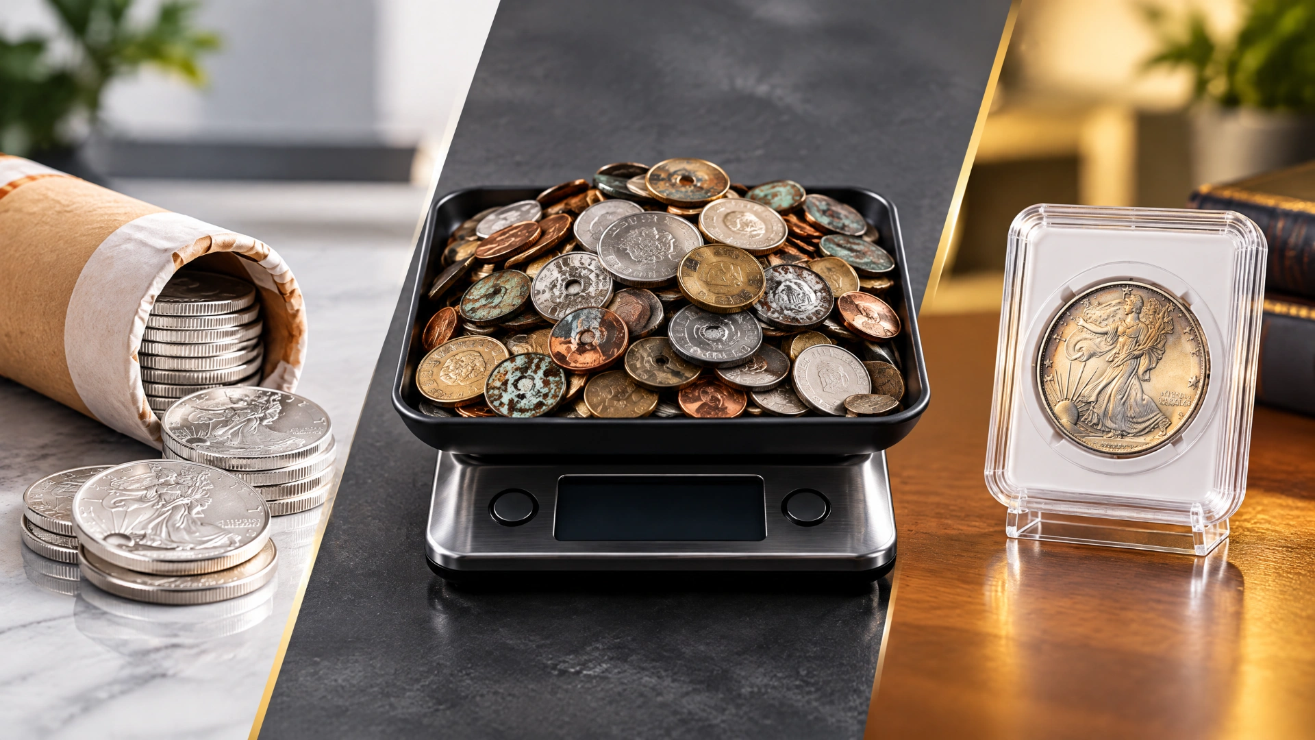 A visual comparison of a silver coin roll, mixed coins on a scale, and a single collectible coin in a holder