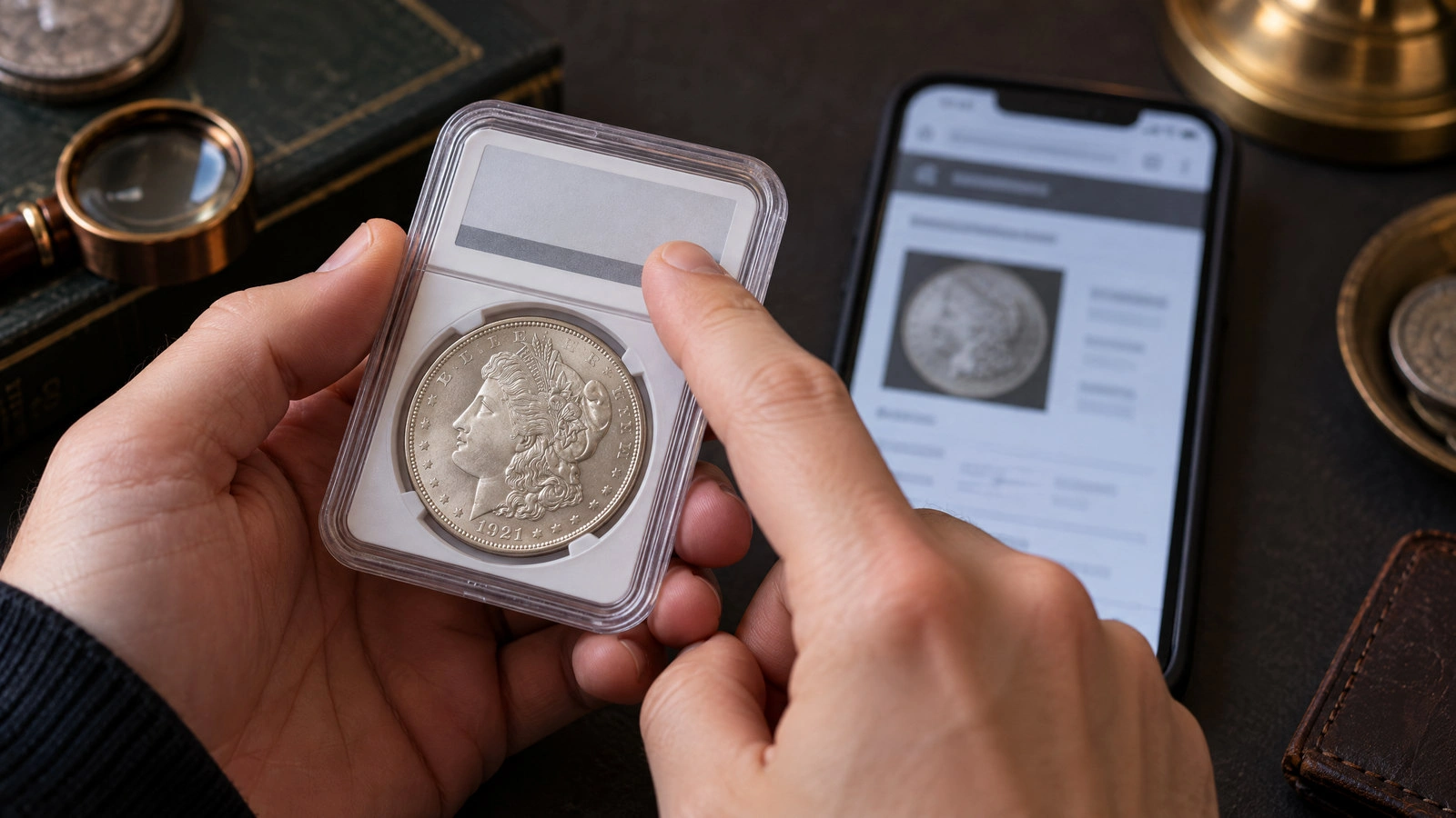 A collector checks a certified coin holder against an online verification page.