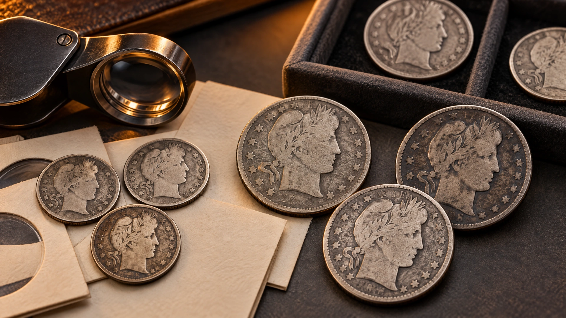 Barber coins and a jeweler's loupe arranged for key-date comparison
