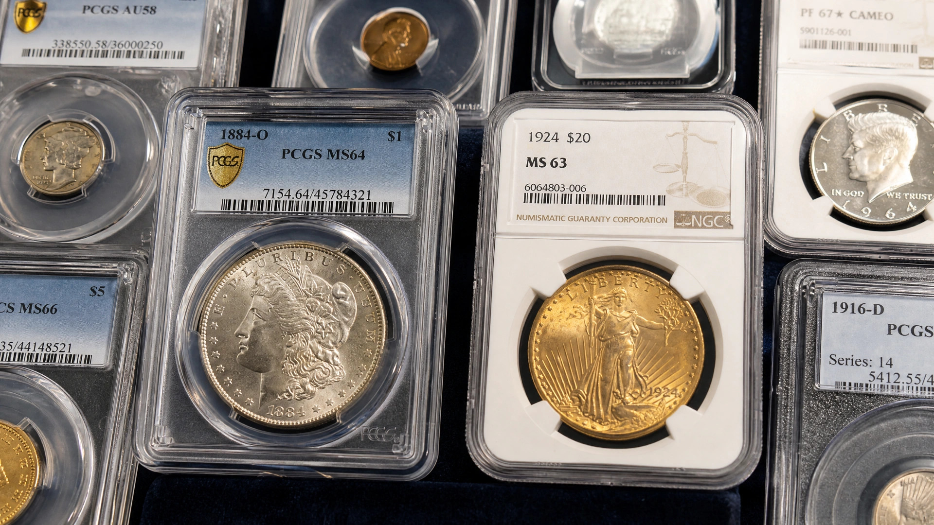 Professionally graded coins in PCGS and NGC certification slabs
