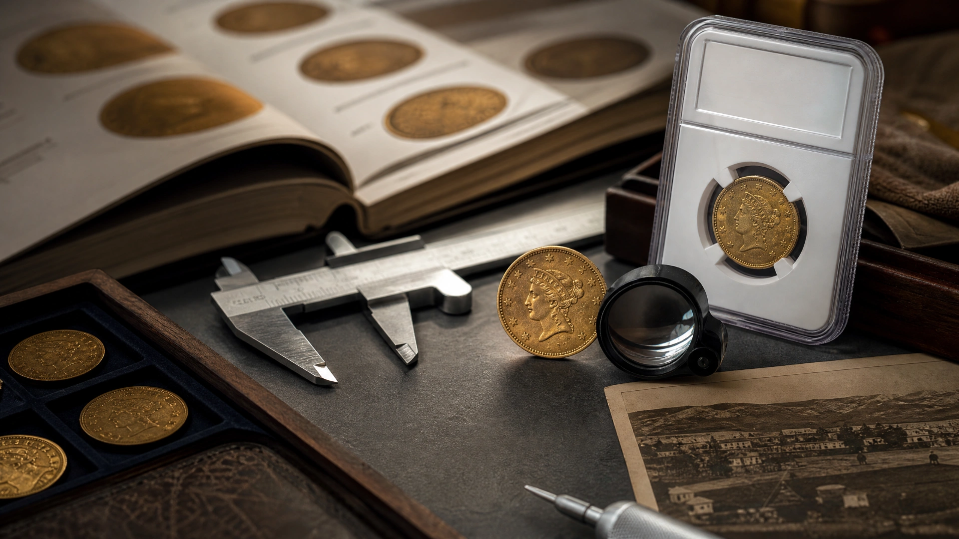 A pioneer gold coin examined with a jeweler’s loupe beside calipers, a coin holder, and auction catalogs