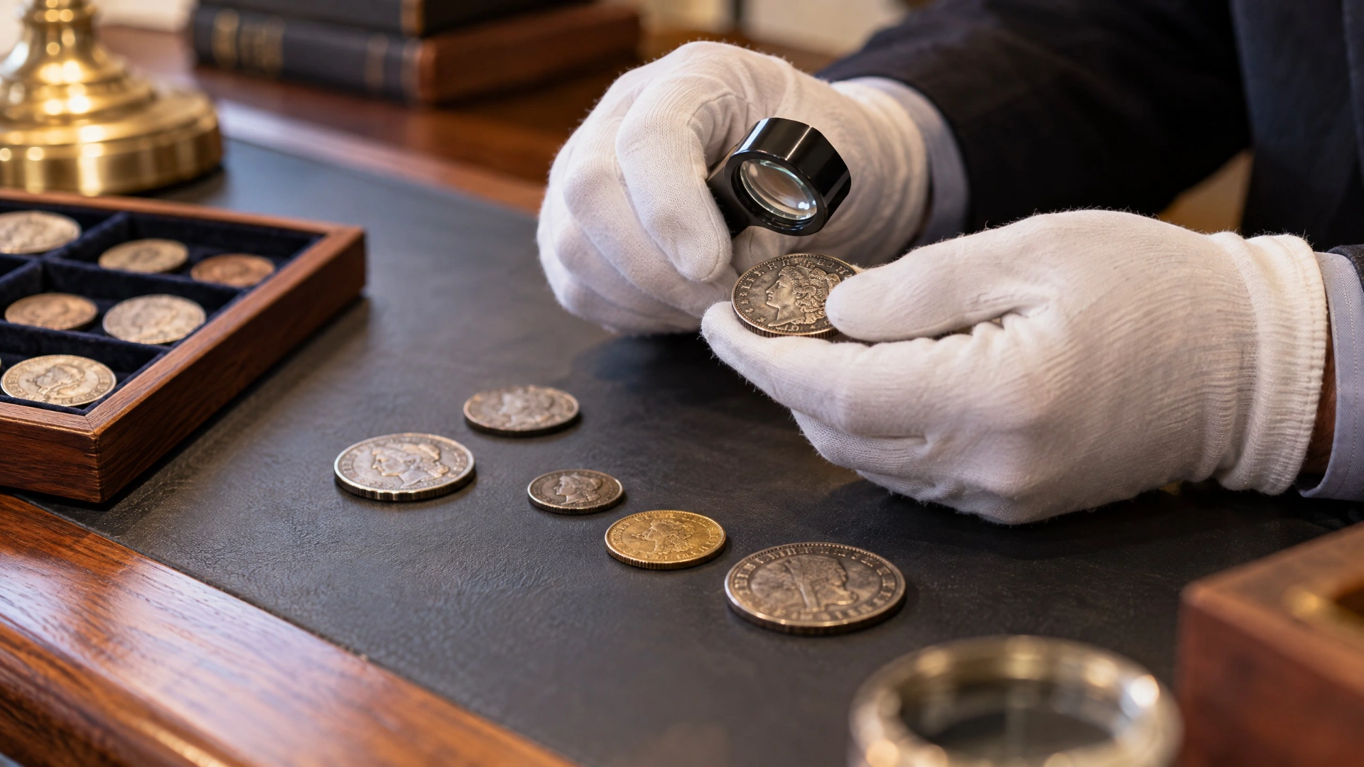 Gloved hands examining a coin with a loupe beside a tray of collectible coins