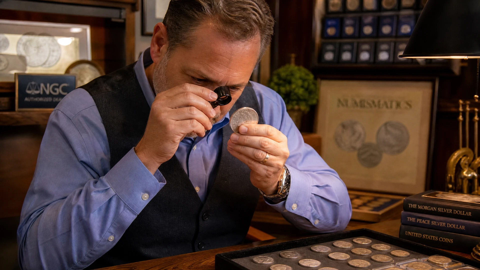 Professional coin dealer examining a silver dollar with a magnifying loupe at a wooden counter in a numismatic shop