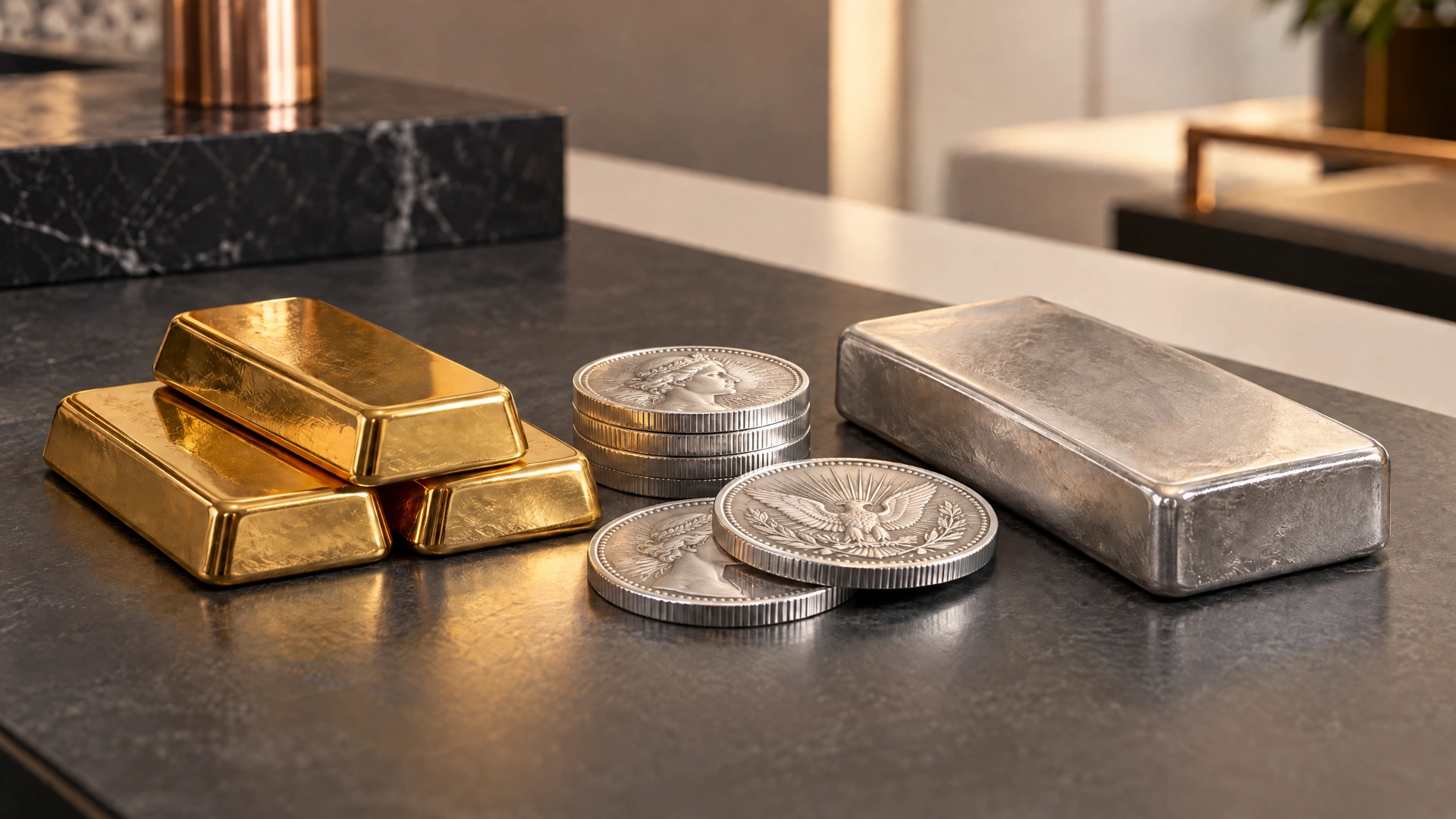 An assortment of plain gold bars, silver rounds, and a silver bar on a counter