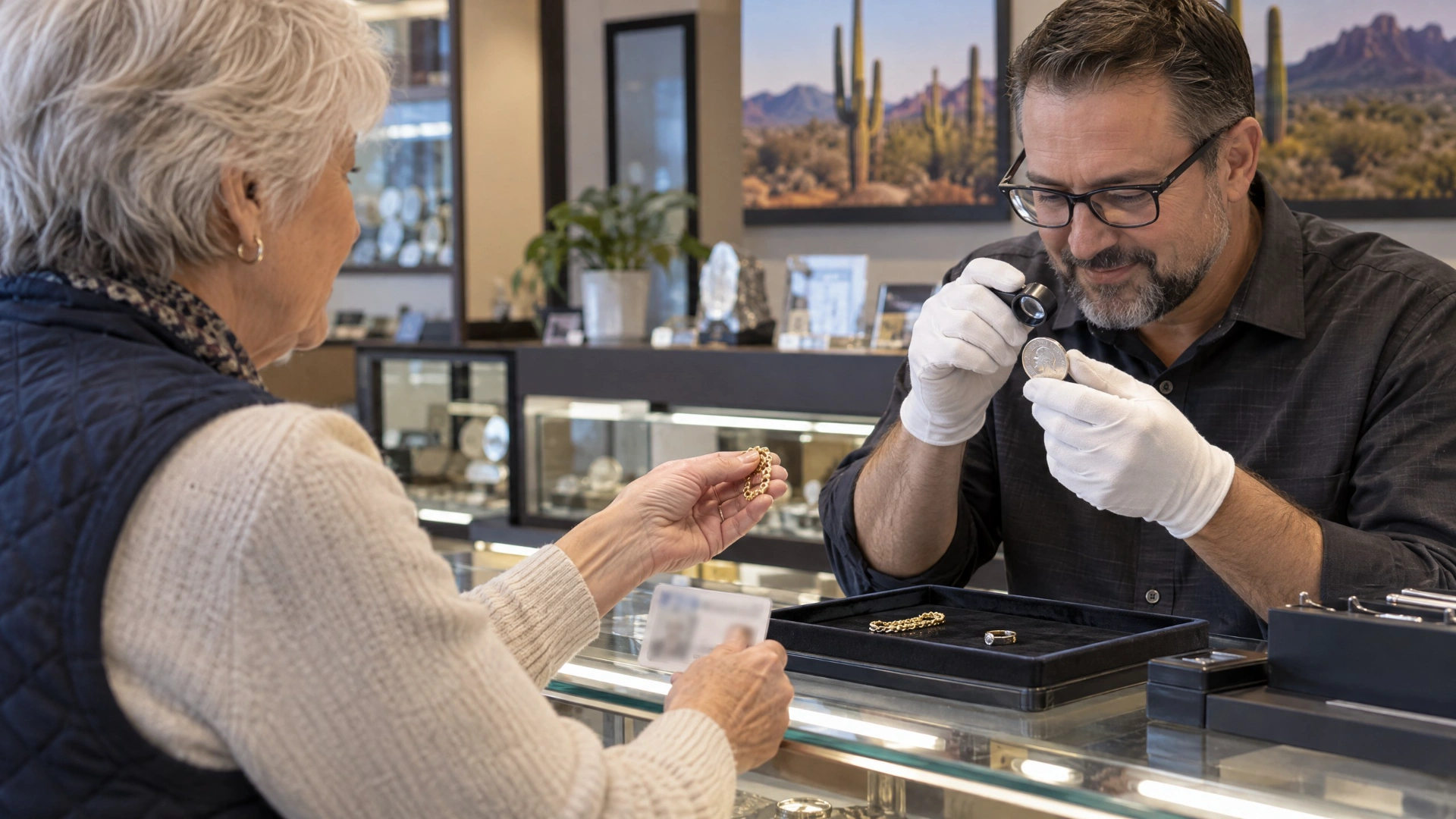 A customer presents jewelry and a silver coin for inspection at a precious-metals counter.