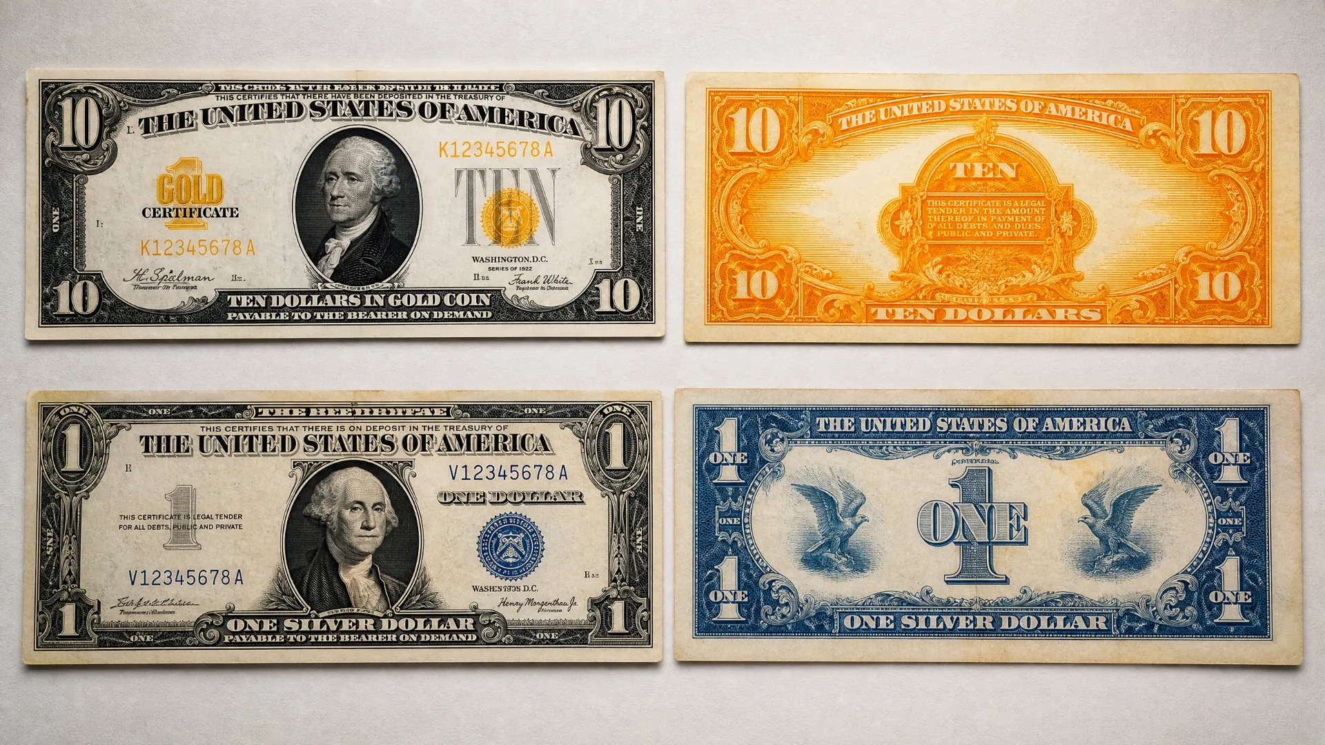 Silver and Gold Certificates side-by-side highlighting their distinct colors