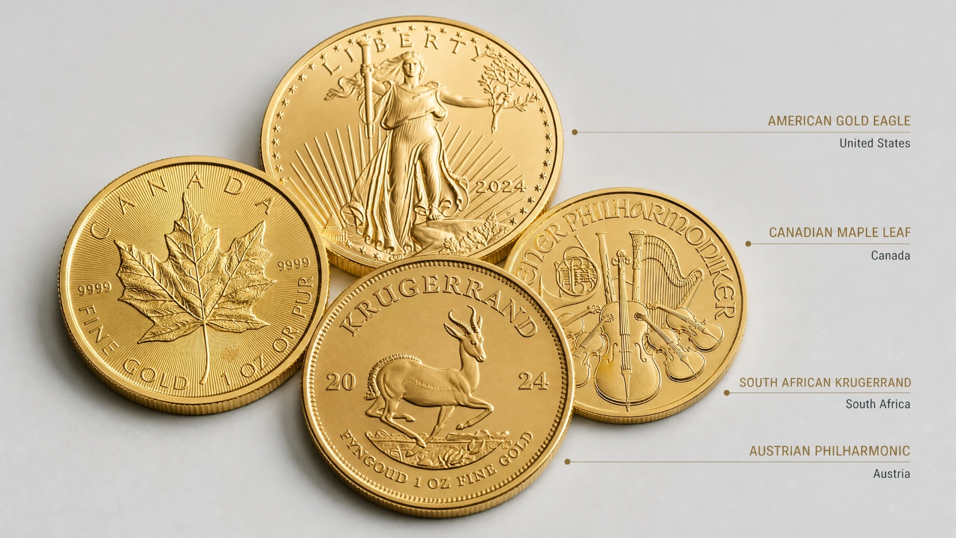 Collection of popular gold bullion coins