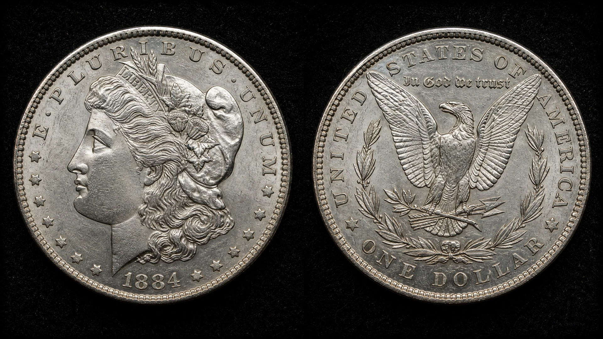 Close-up macro photography of a Morgan silver dollar showing both the neoclassical Liberty obverse and the eagle with shield reverse, with brilliant silver luster